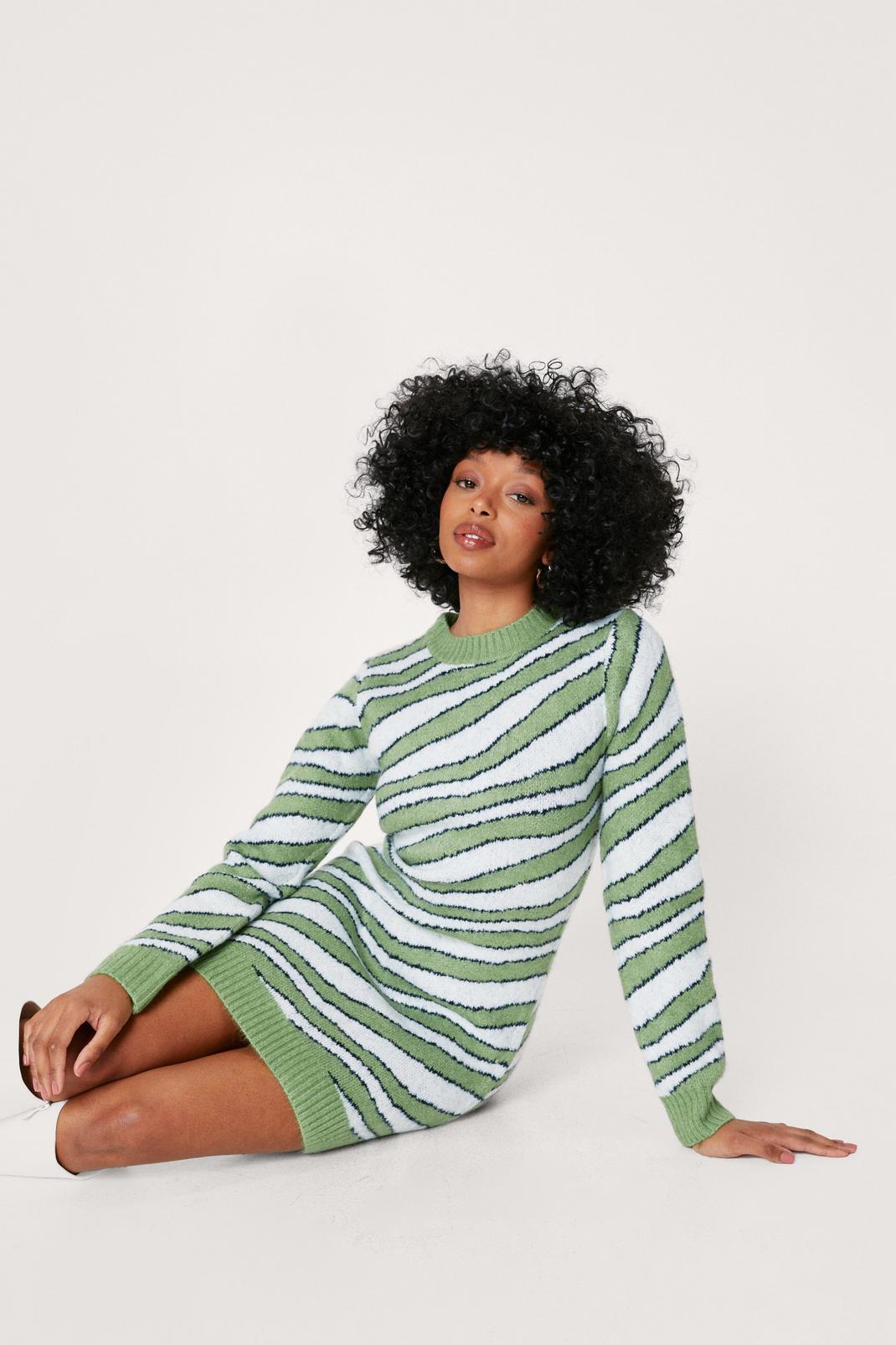 Green Petite Fluffy Knit Zebra Design Mini Dress image number 1