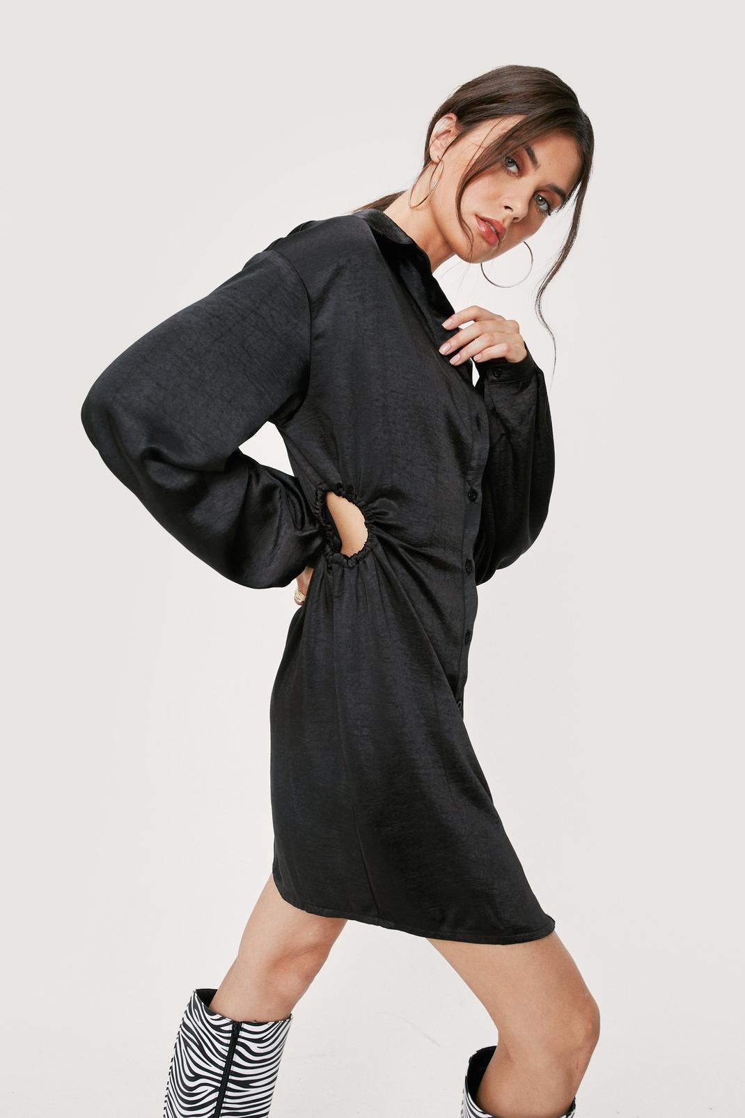 Black Satin Cut Out Side Mini Shirt Dress image number 1