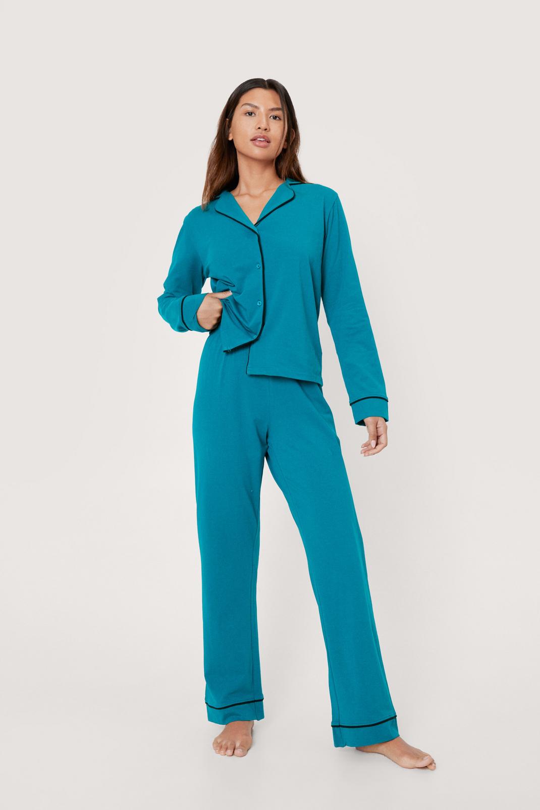 Emerald Cotton Piped Button Pajama Pants Set image number 1