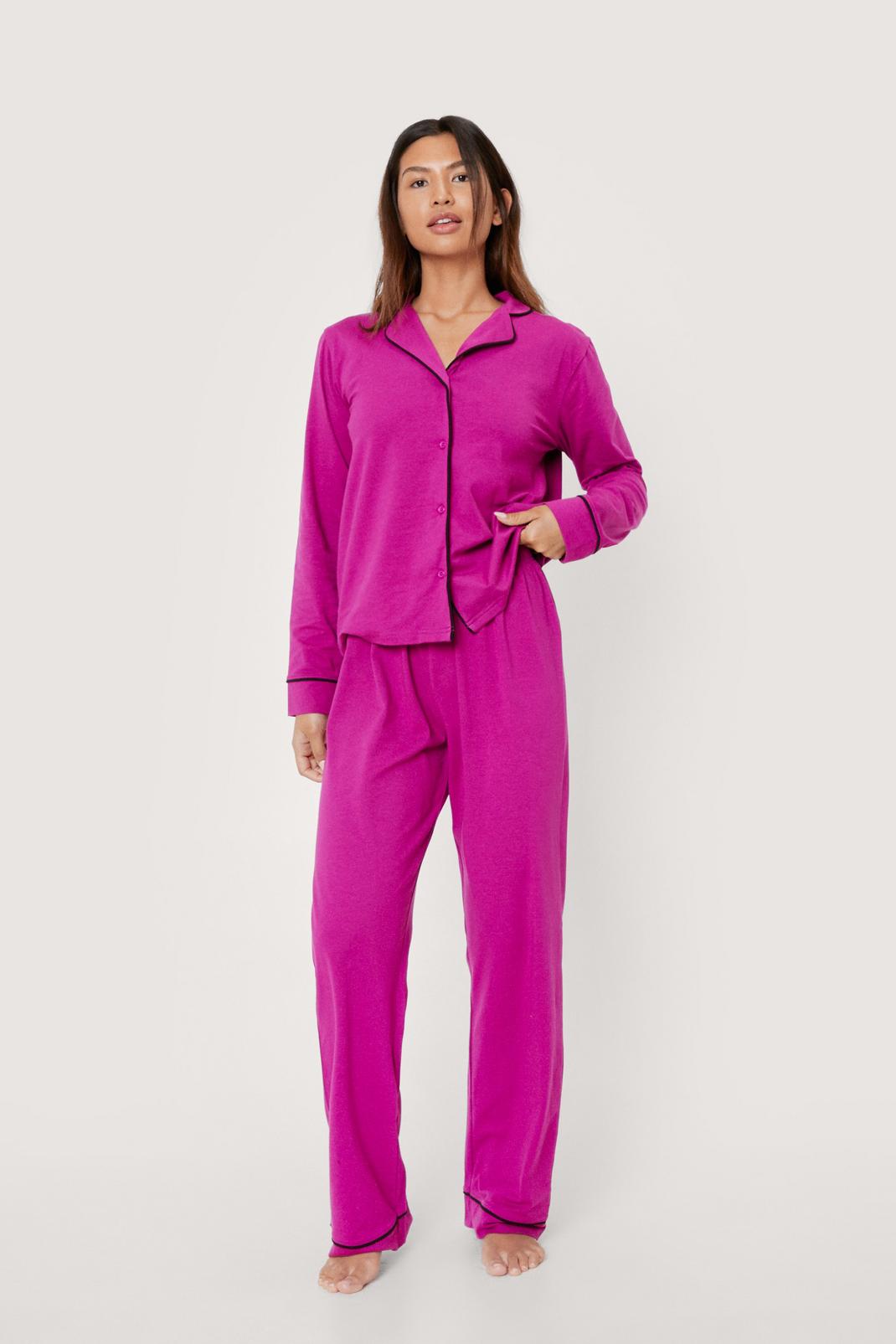 Plum Cotton Piped Button Pajama Pants Set image number 1