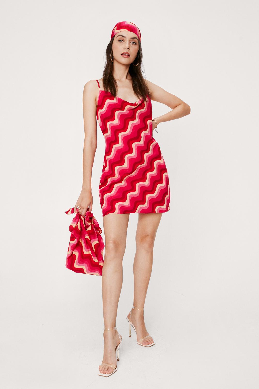 Hot pink Wave Print Cowl Neck Mini Dress image number 1