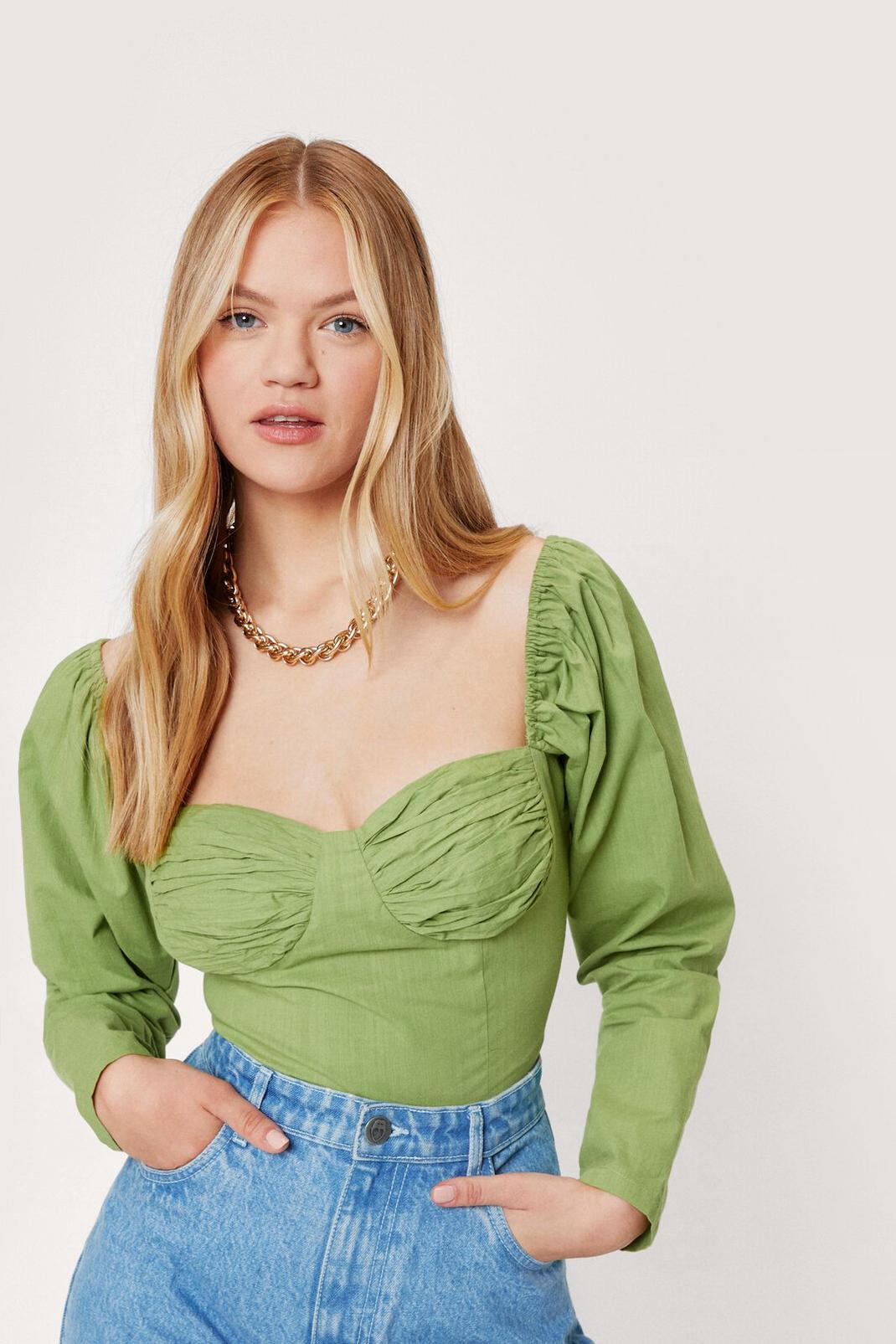 Green Puff Sleeve Sweetheart Neckline Blouse image number 1