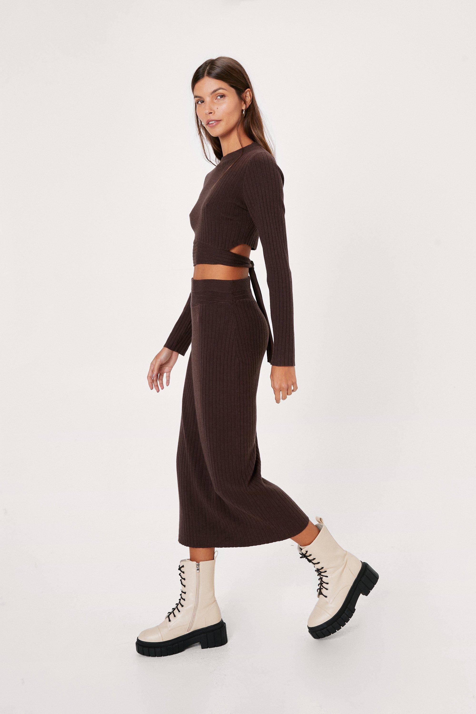 Ribbed Tie Back Cropped Top and Midi Skirt Set