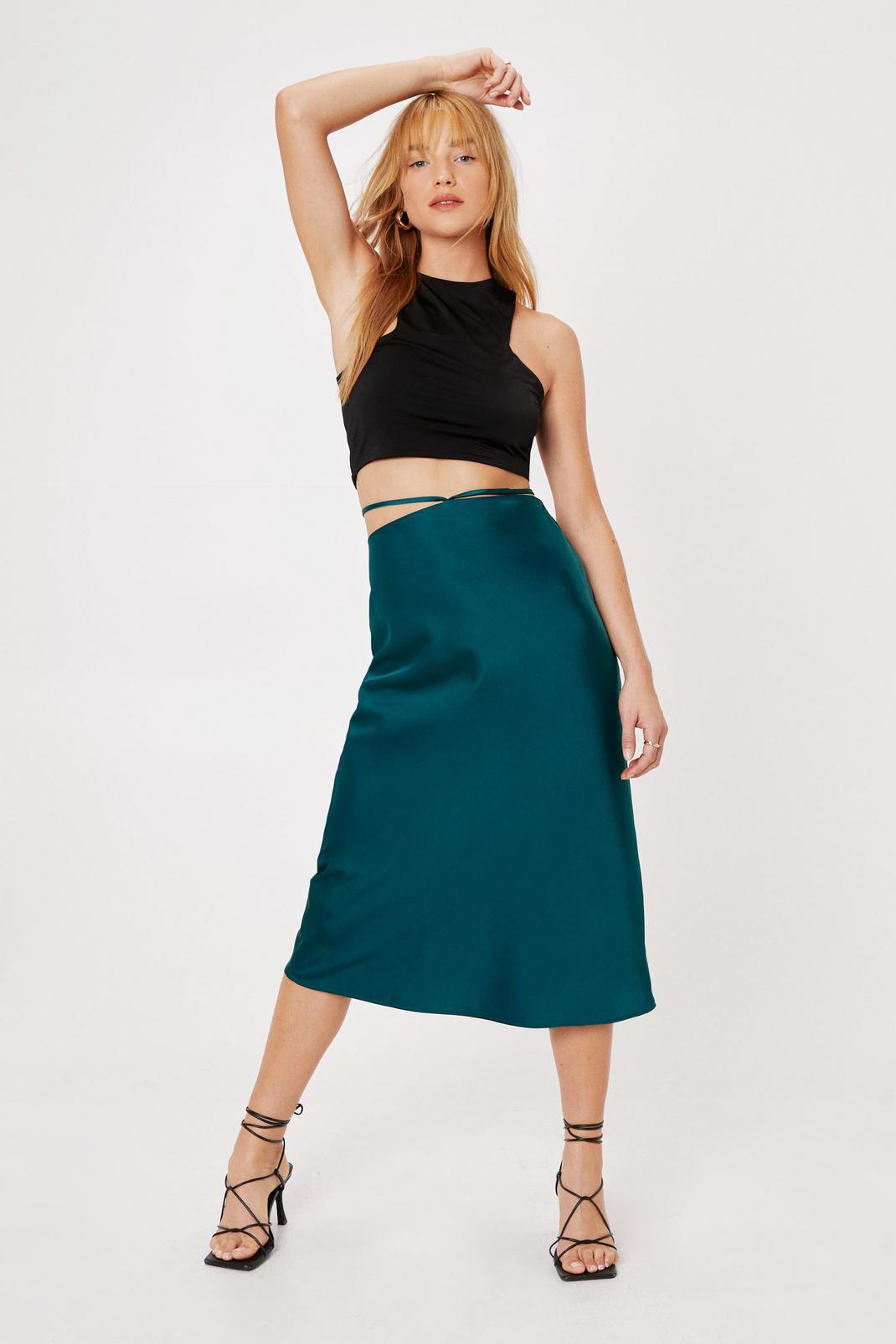 Turquoise Petite Strappy Cut Out Satin Midi Skirt image number 1
