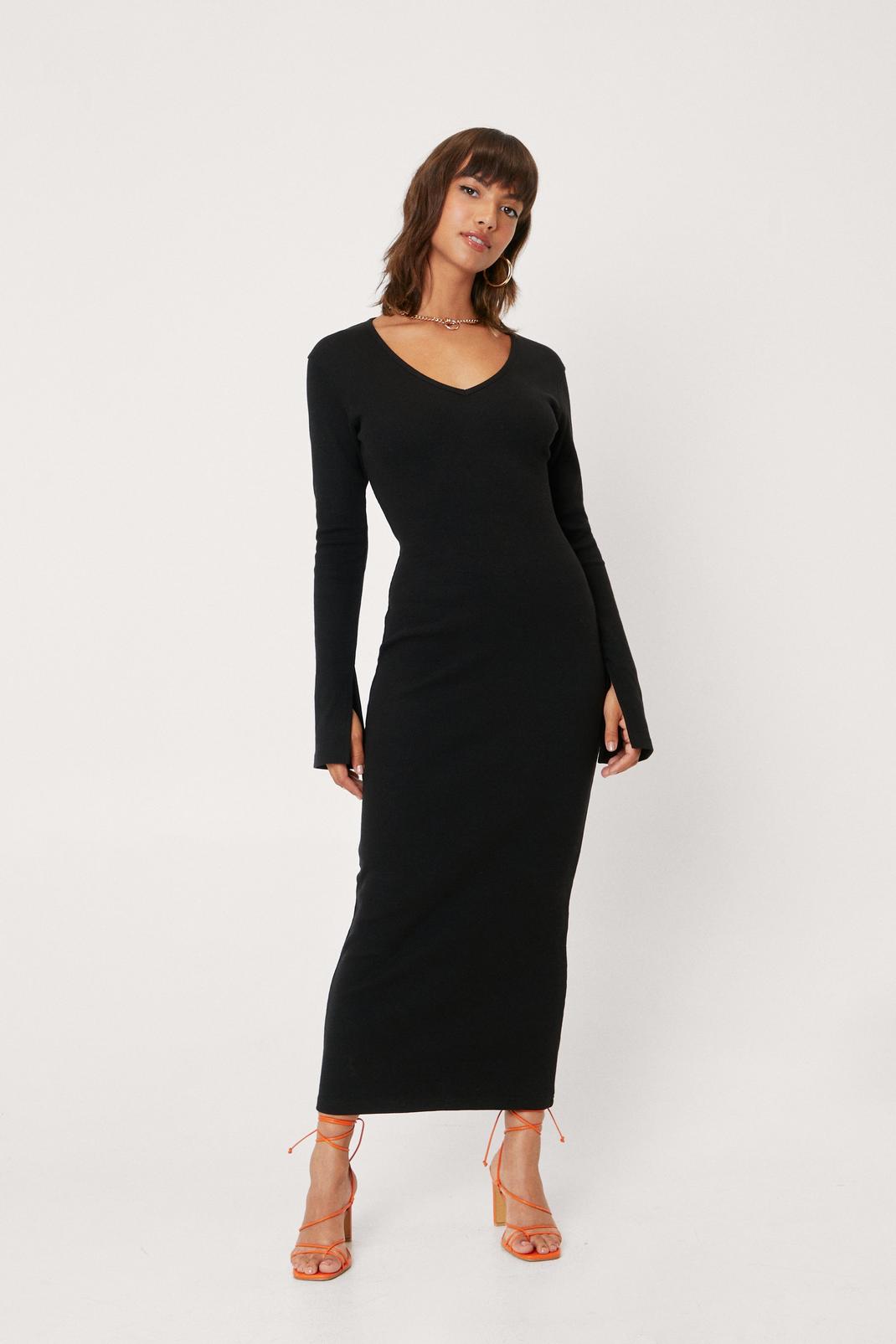 Black Split Sleeve Ribbed Maxi Dress image number 1