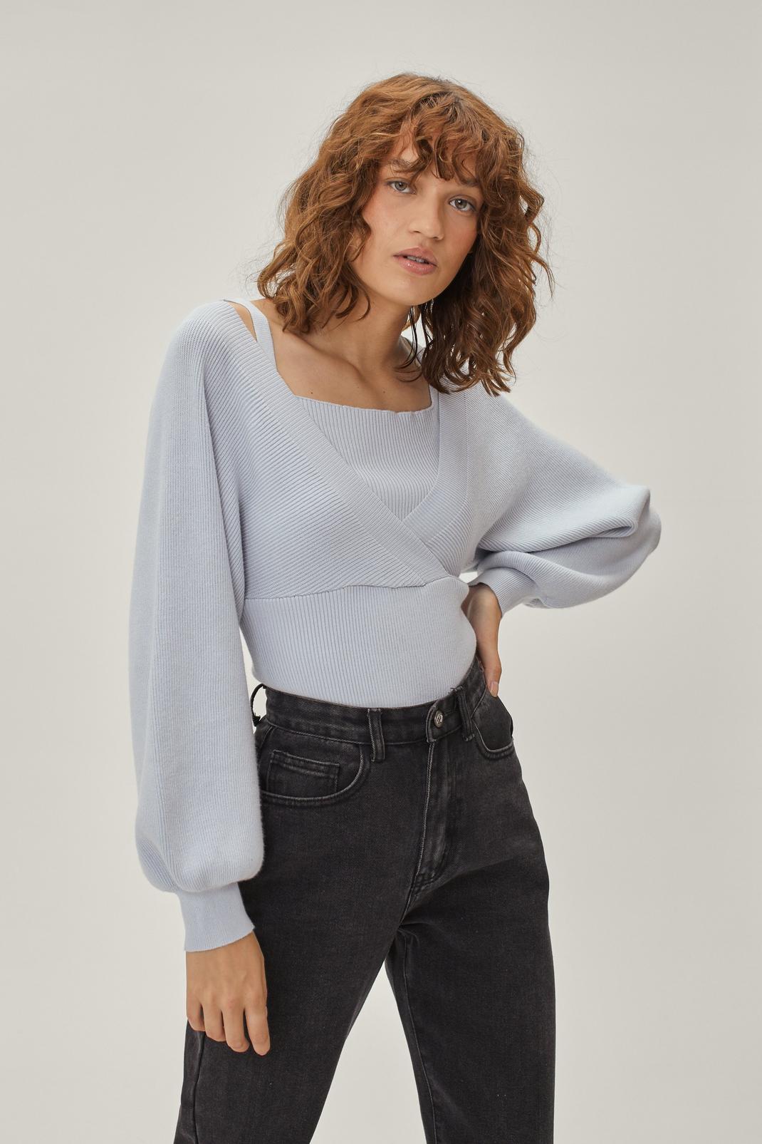 Grey 2 In 1 Knitted Top Off Shoulder Sweater image number 1