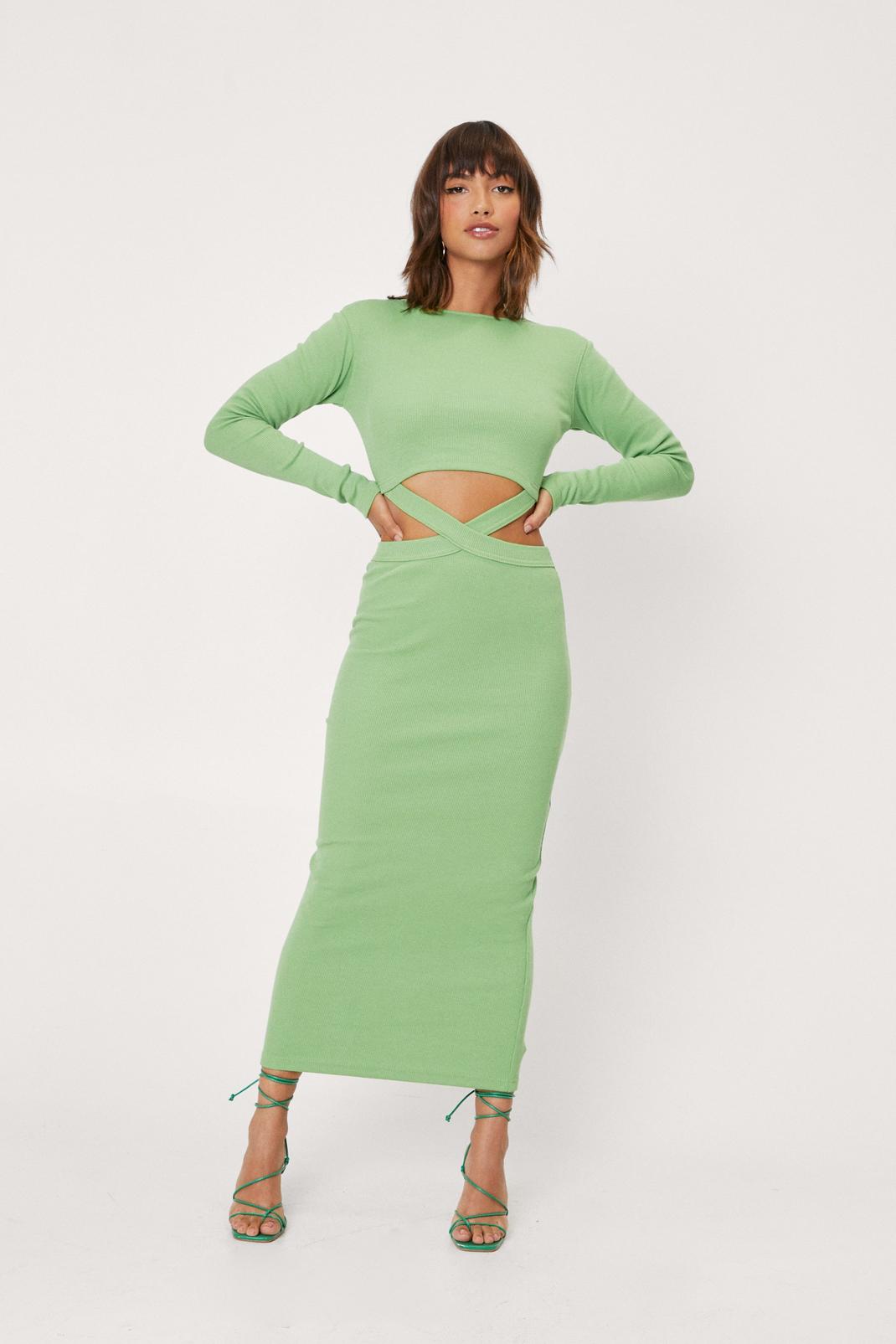 Green Ribbed Cross Front Cut Out Maxi Dress image number 1