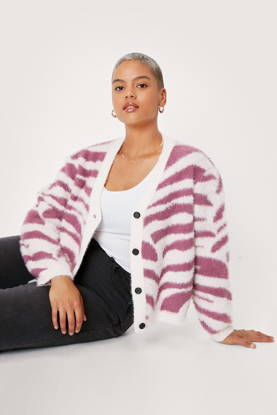 Pink Plus Size Fluffy Knitted Zebra Print Cardigan image number 1