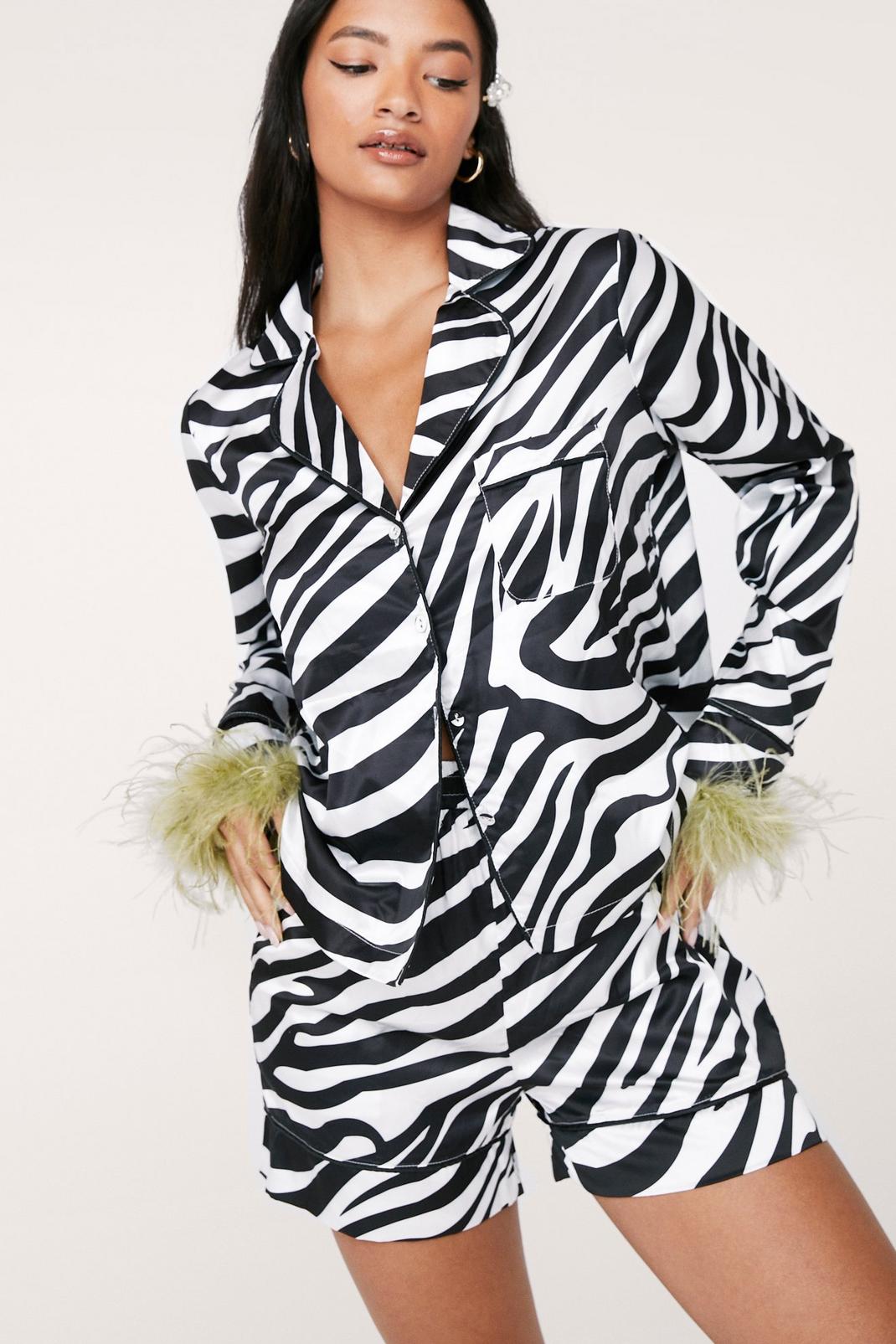 Black Zebra Satin Feather Shirt and Shorts Pajama Set image number 1