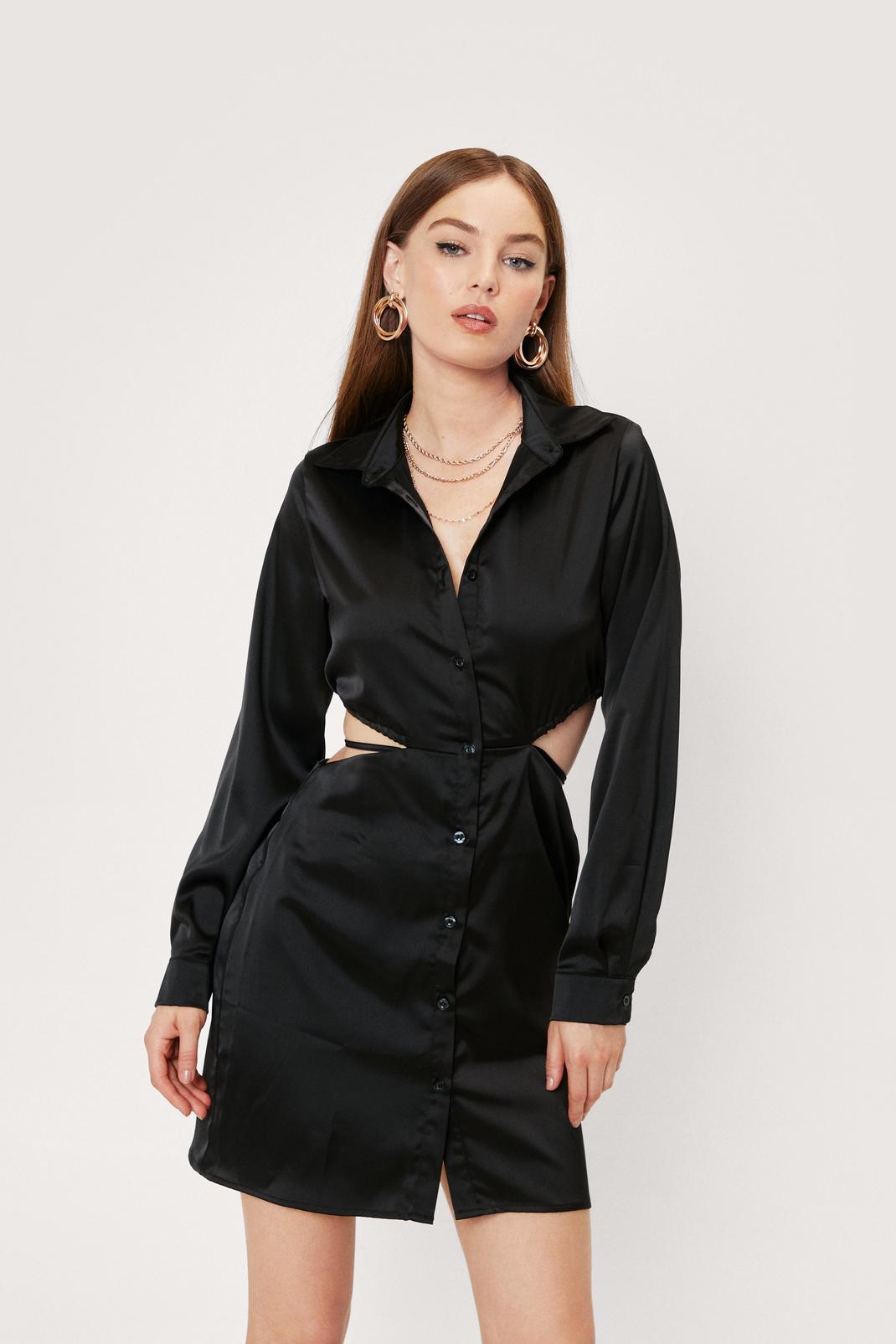 Black Satin Strappy Waist Shirt Dress image number 1