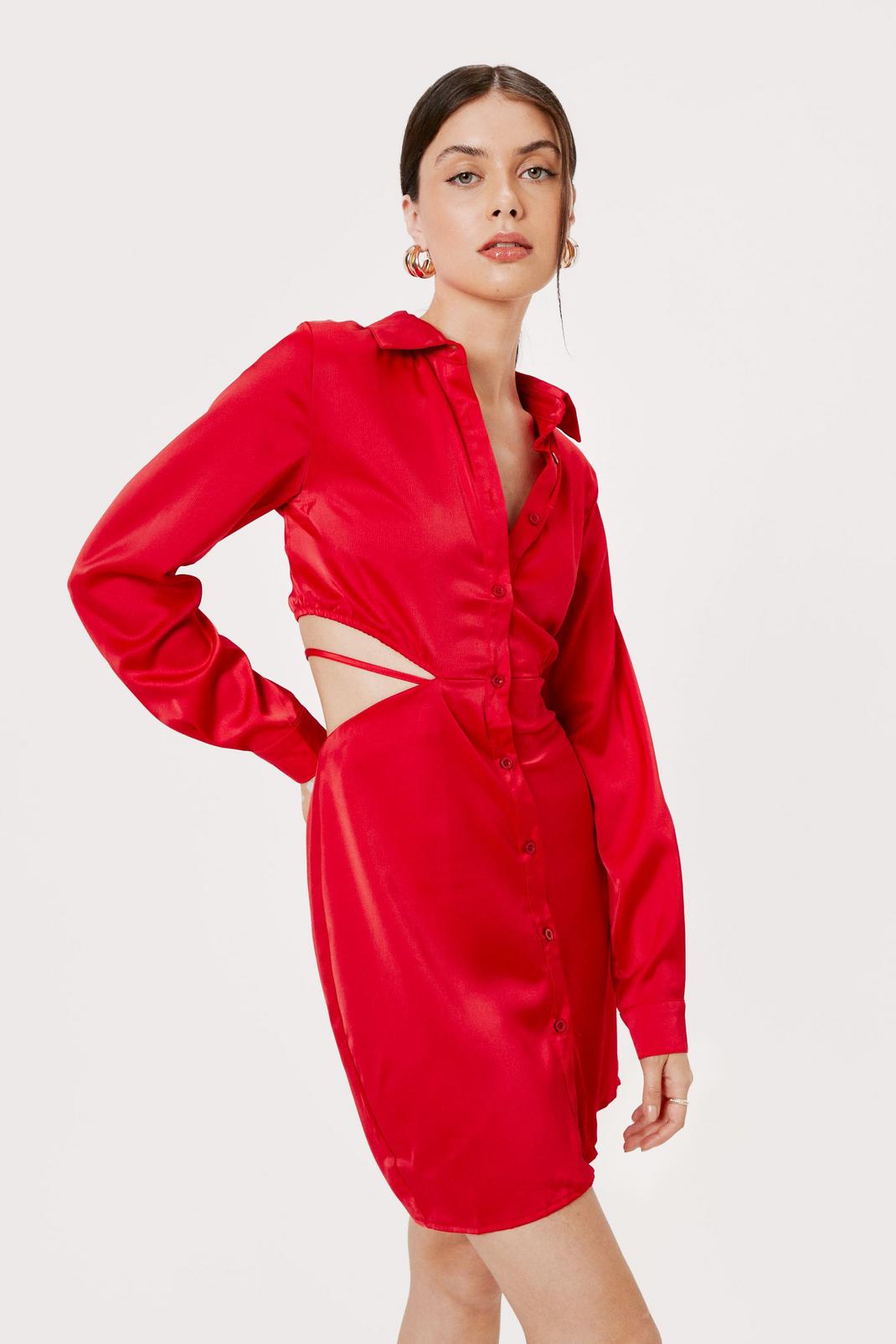 Red Satin Strappy Waist Shirt Dress image number 1