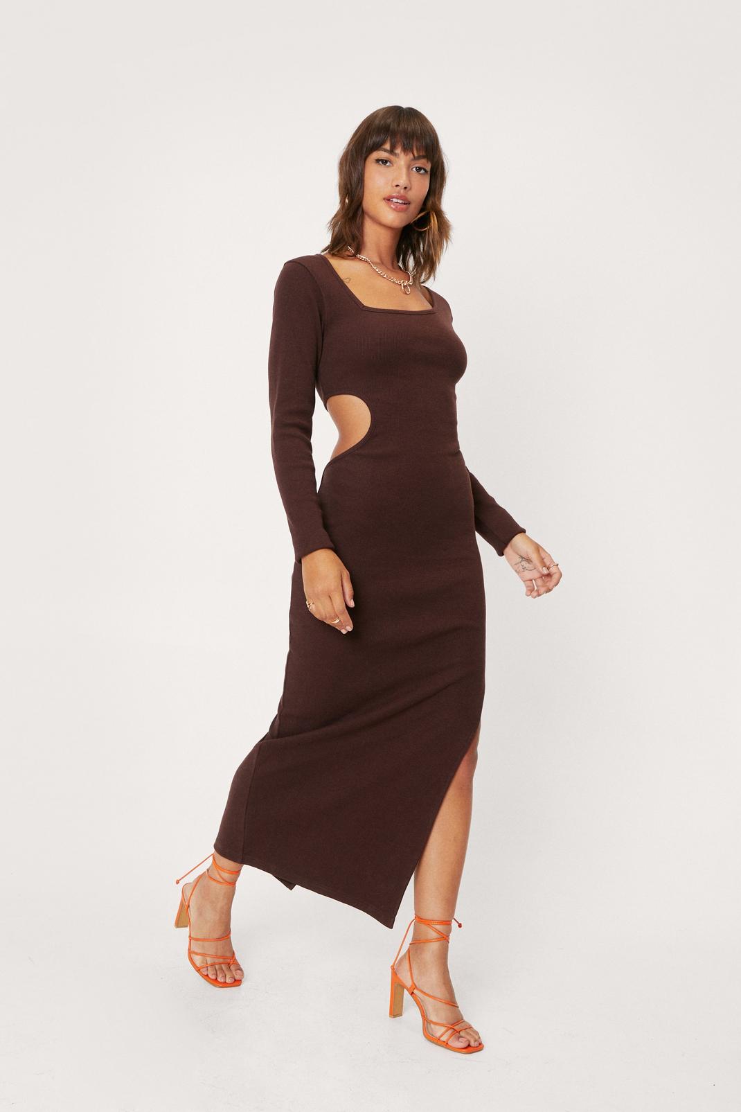 Chocolate Square Neck Cut Out Ribbed Maxi Dress image number 1