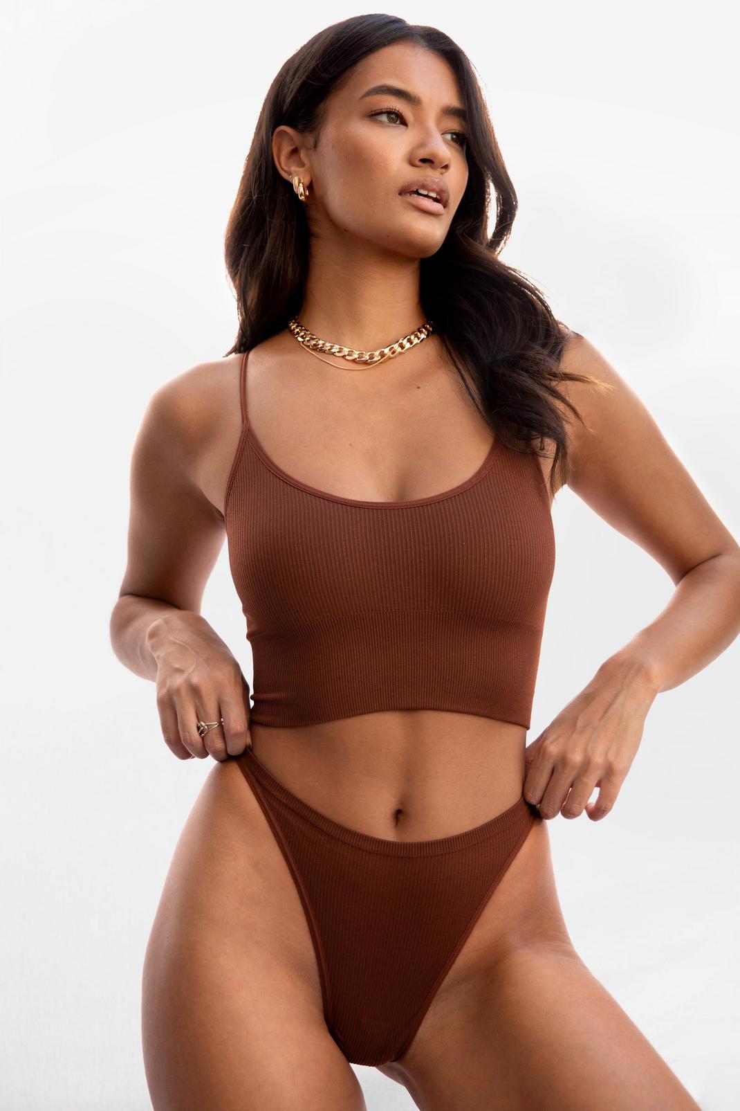 Brown Recycled Ribbed Seamless High Leg Thong image number 1