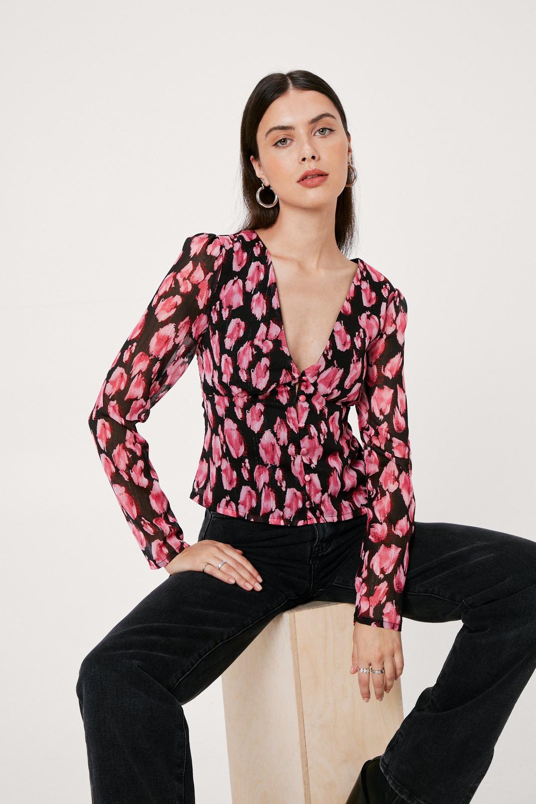 Blurred Floral Button Through Plunge Blouse | Nasty Gal