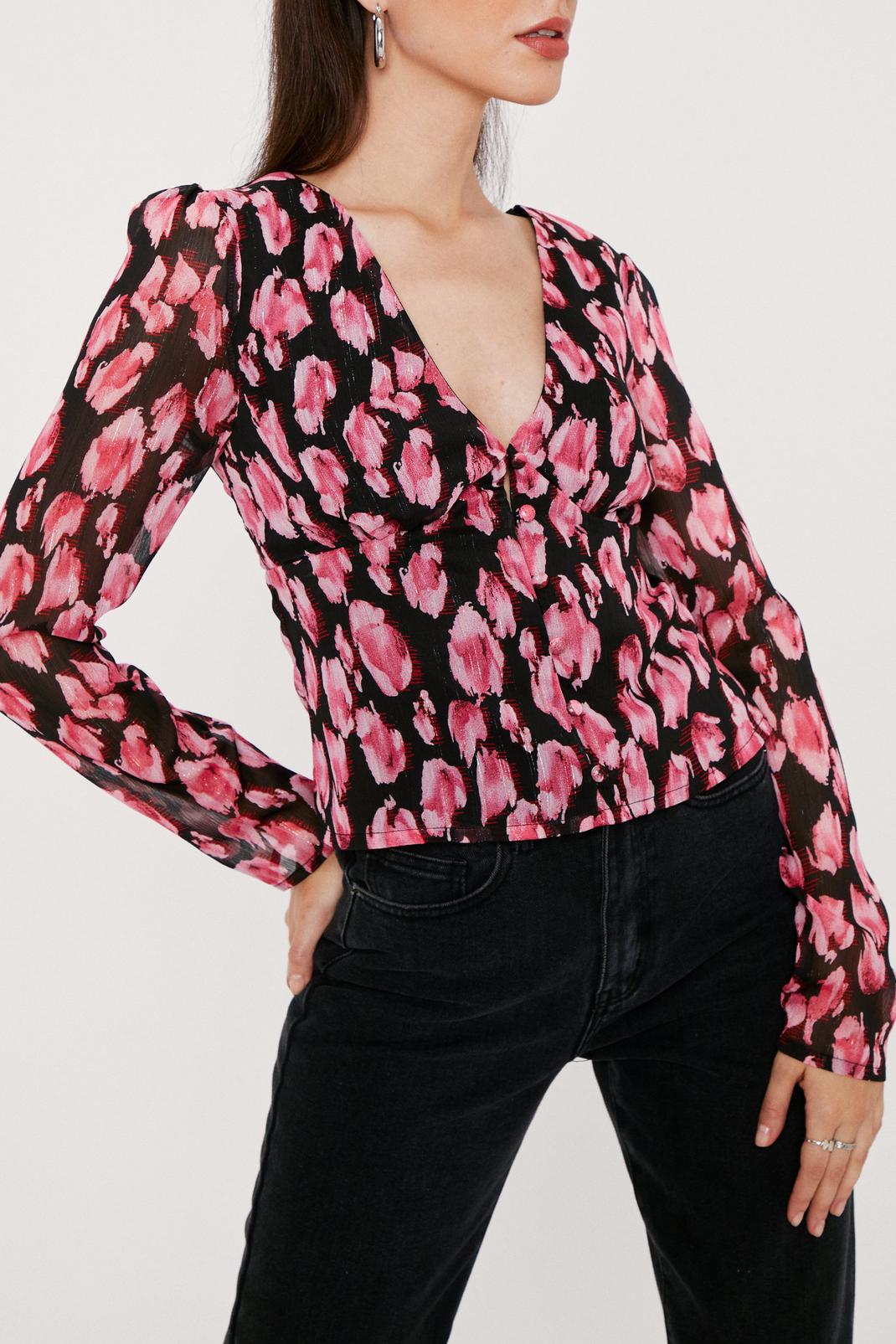 157 Blurred Floral Button Through Plunge Blouse image number 2