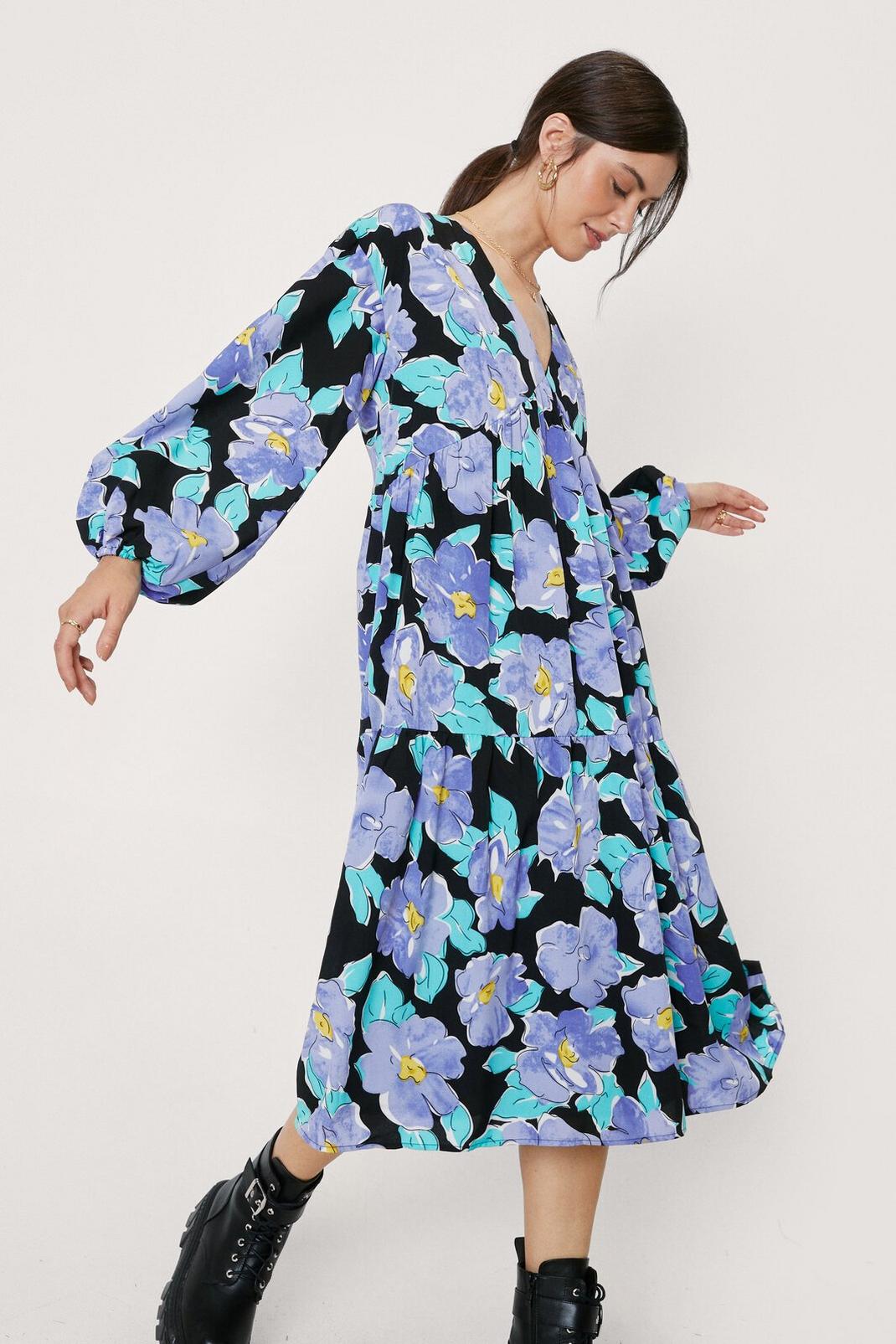 105 Floral Long Sleeve Tiered Midi Dress image number 1