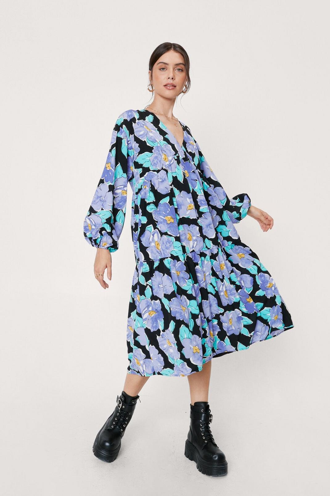 105 Floral Long Sleeve Tiered Midi Dress image number 2