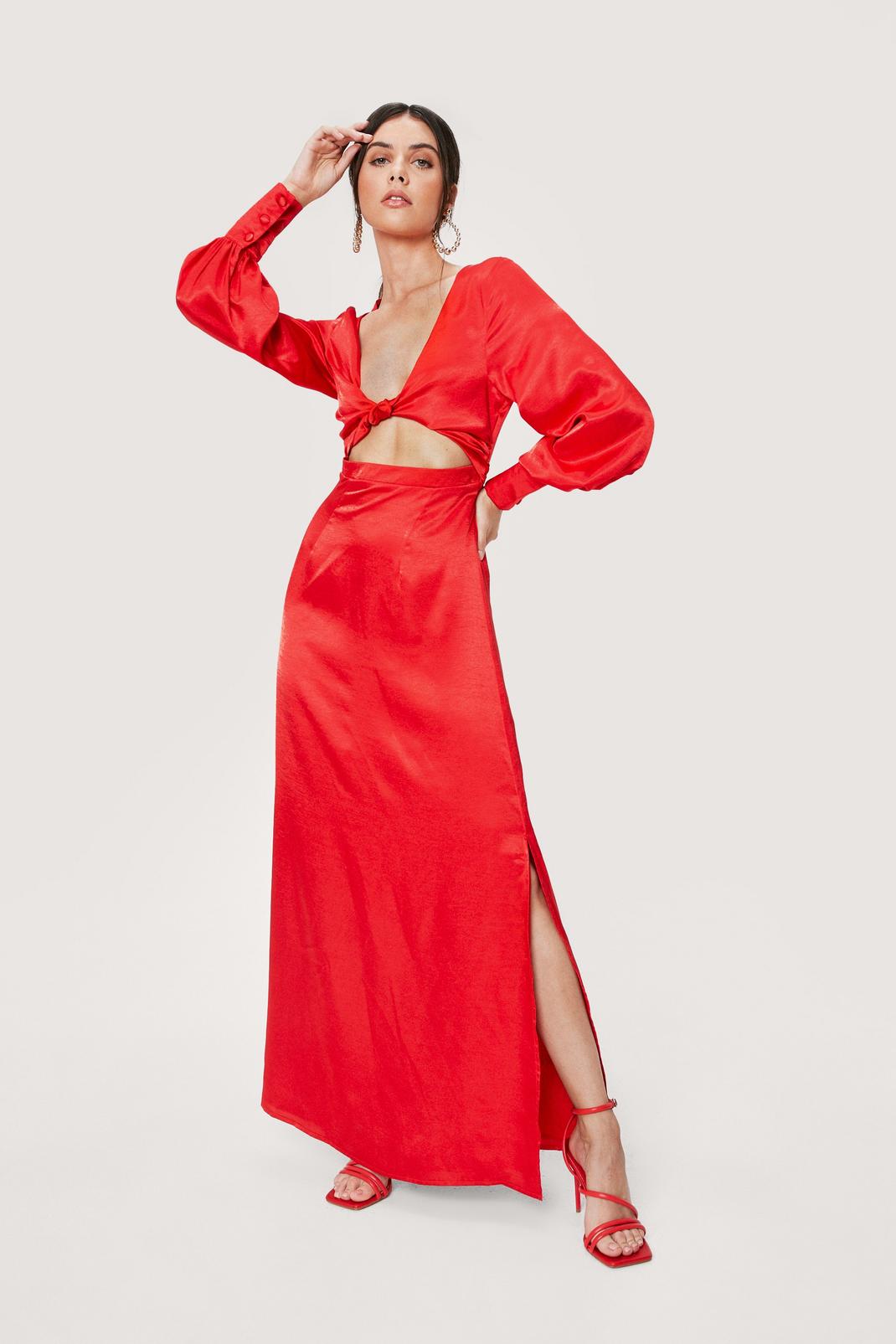 Red Twist Front Cut Out Satin Maxi Dress image number 1