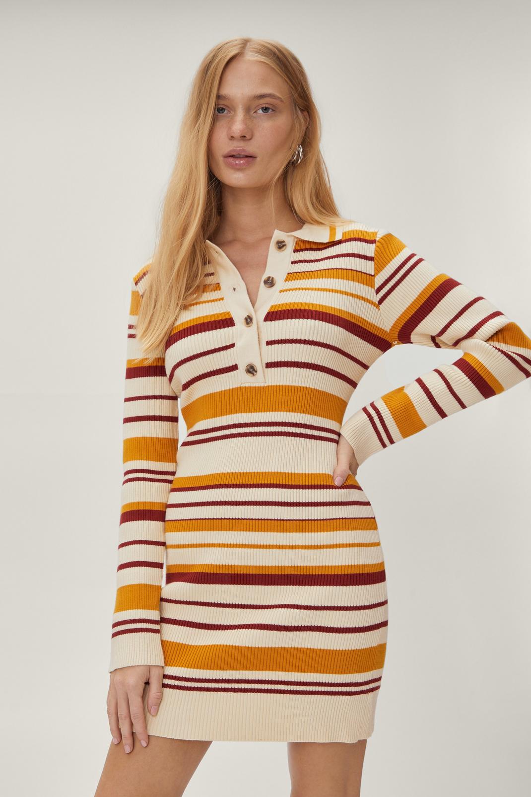 Cream Petite Knitted Stripe Collared Mini Dress image number 1