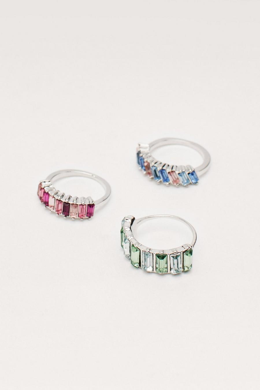 Recycled Coloured Diamante 3 Pc Ring Set