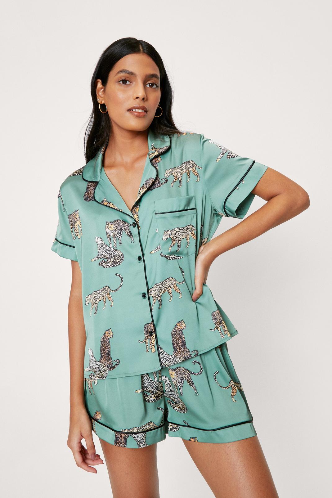Olive Cheetah Satin Button Through Pajama Short Set image number 1