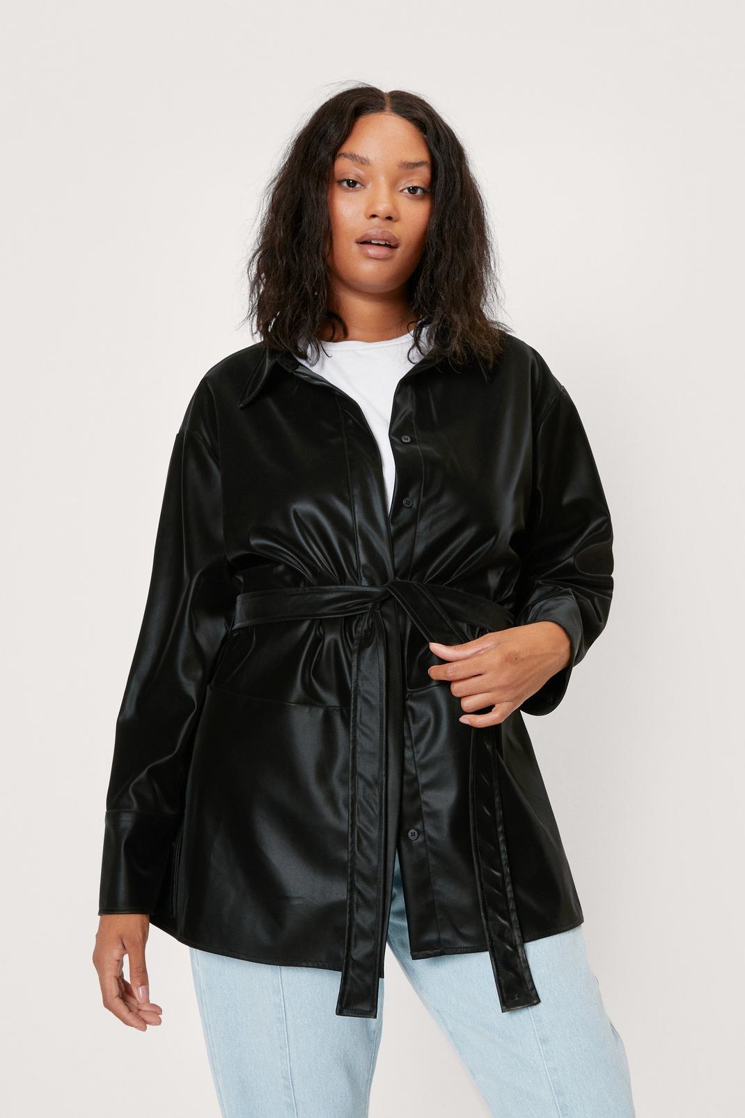 Black Plus Size Faux Leather Belted Jacket image number 1