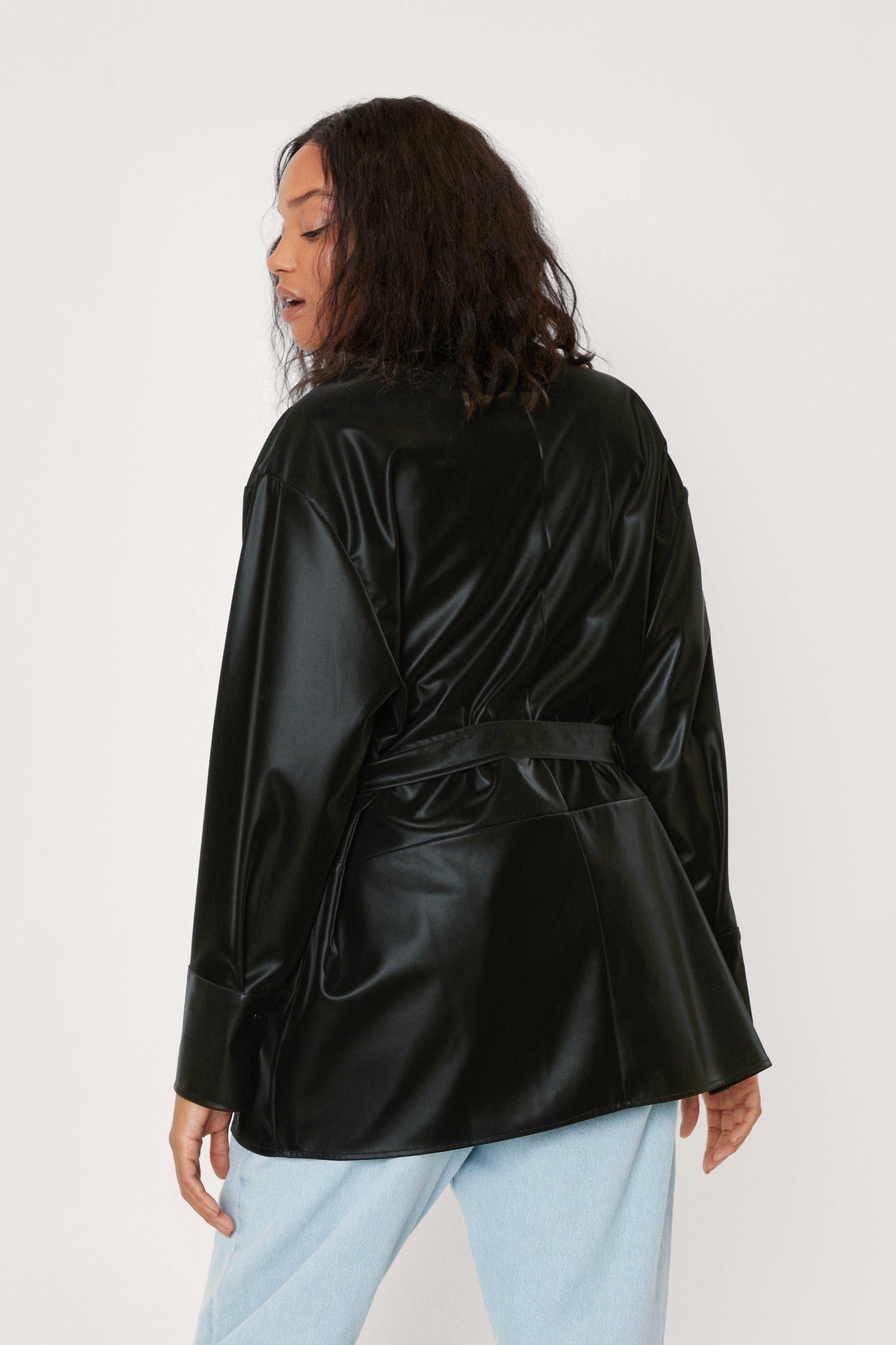 Plus Size Belted Faux Leather Jacket Edgy Vegan Leather Jacket