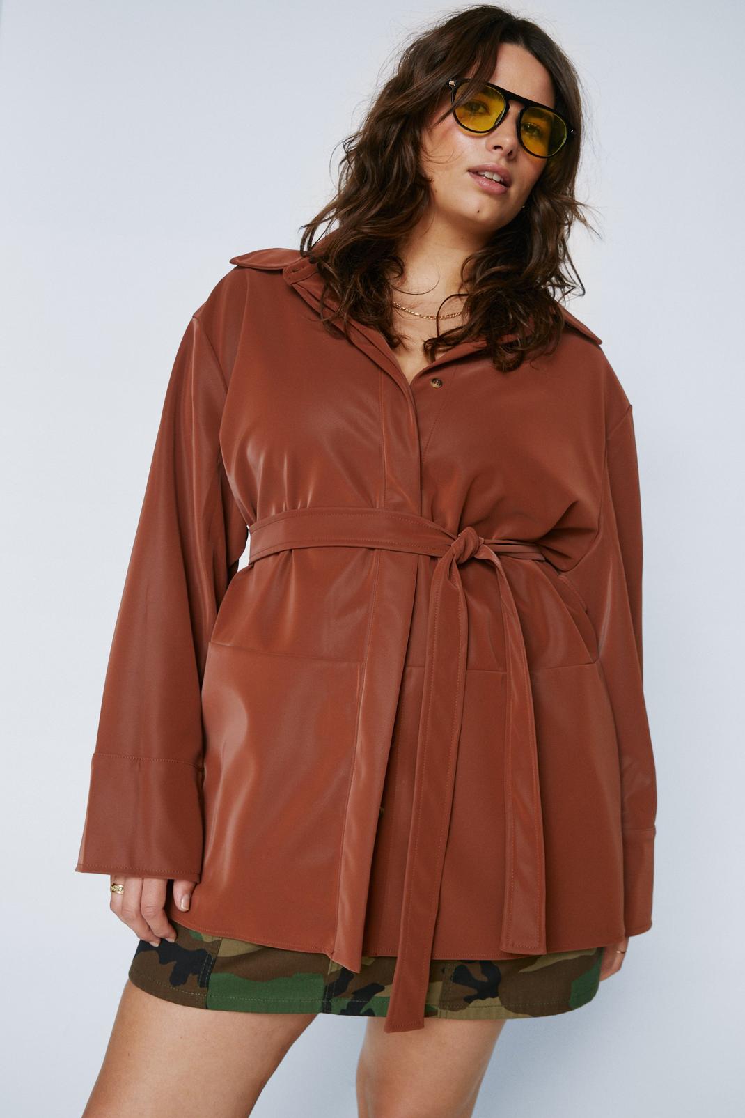 Chocolate Plus Size Faux Leather Belted Jacket image number 1