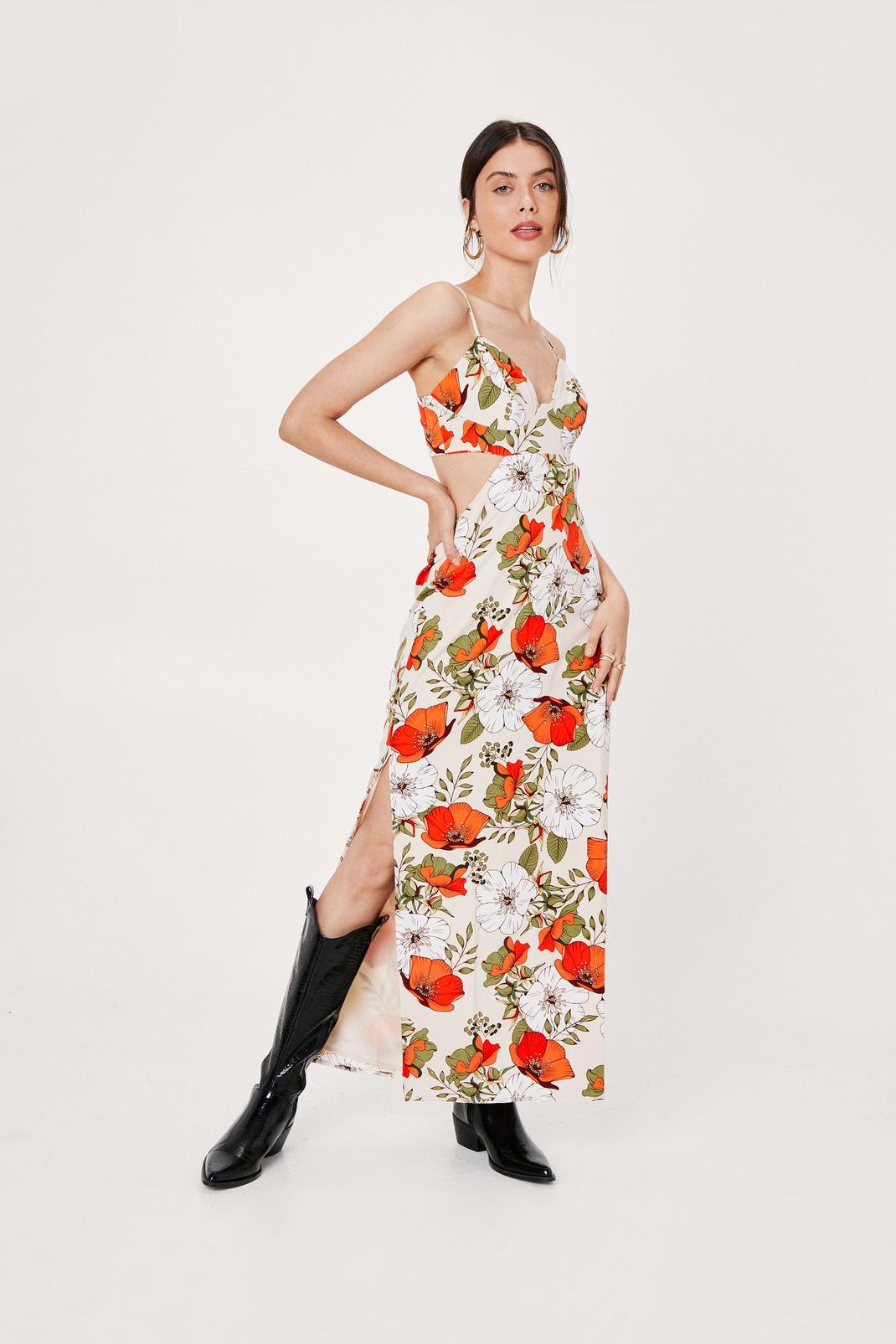 Cream Floral Print Open Back Maxi Slip Dress image number 1