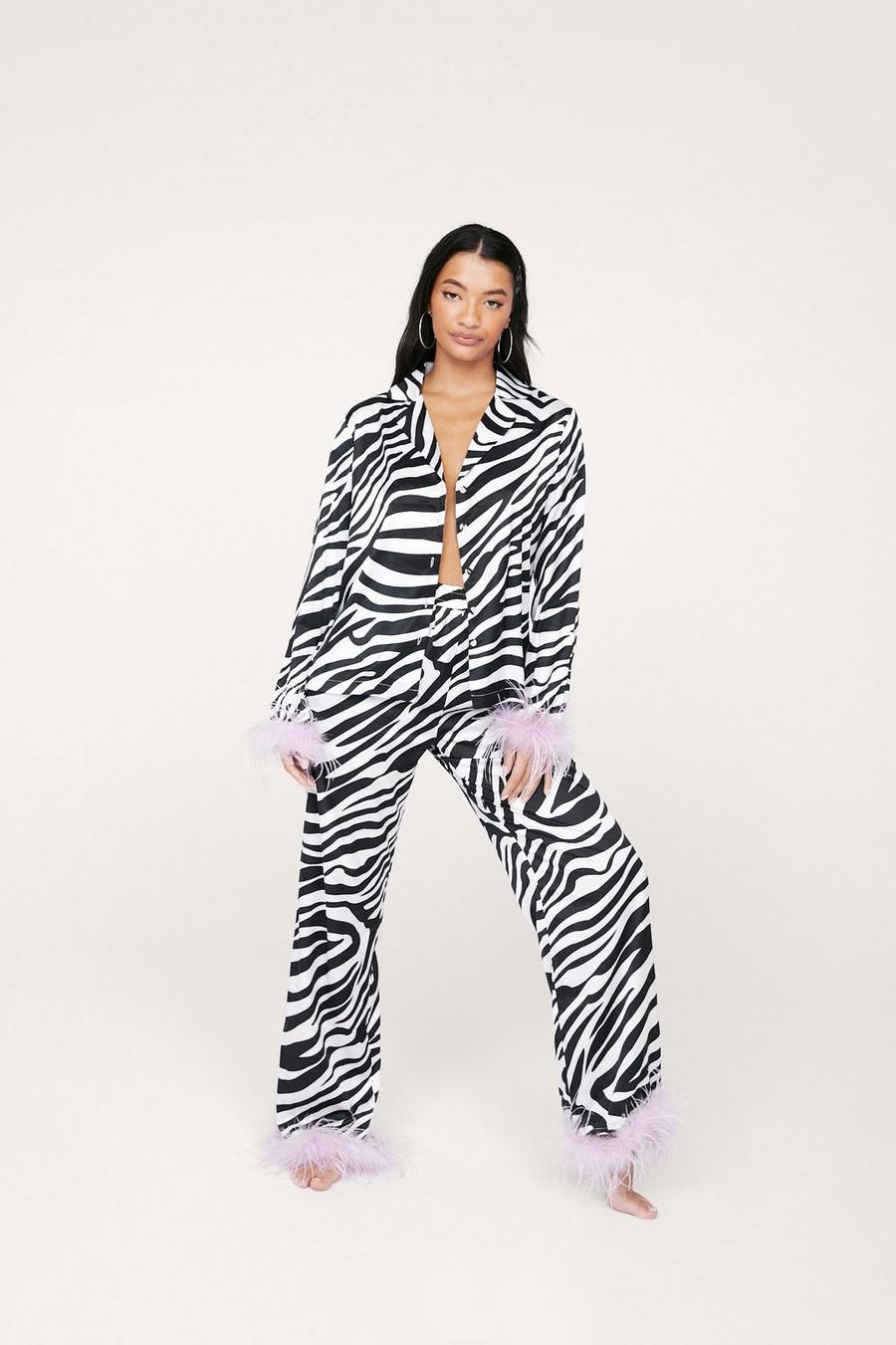 Zebra Satin Feather Shirt and Trousers Pyjama Set