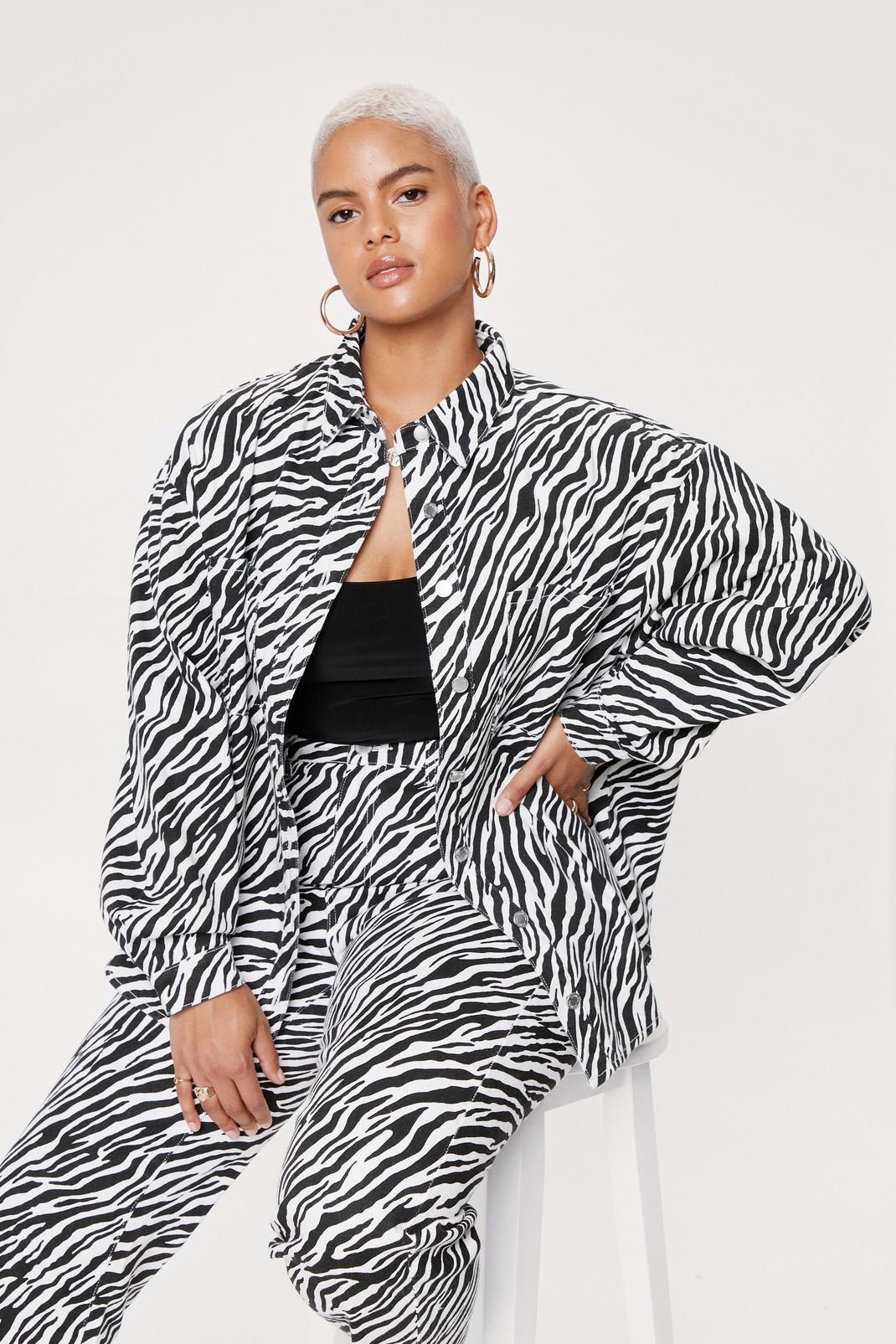 White Plus Size Zebra Printed Denim Shirt Co-ord image number 1