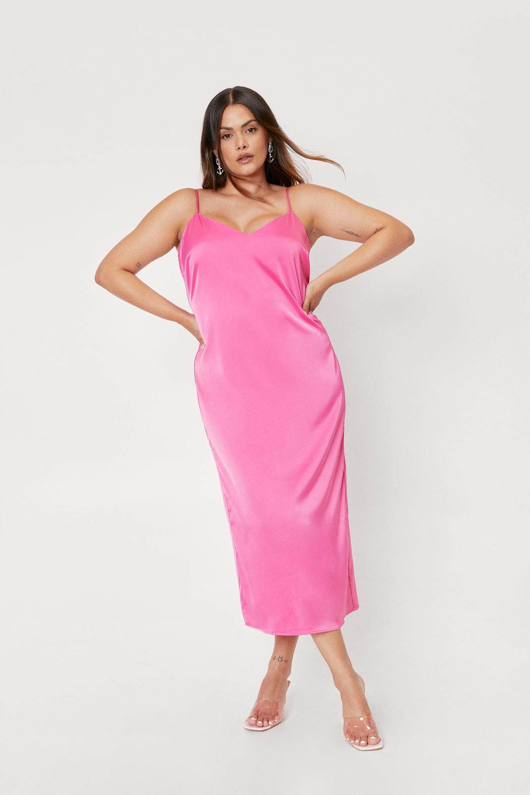 Hot pink Plus Size Strappy Satin Midi Slip Dress image number 1