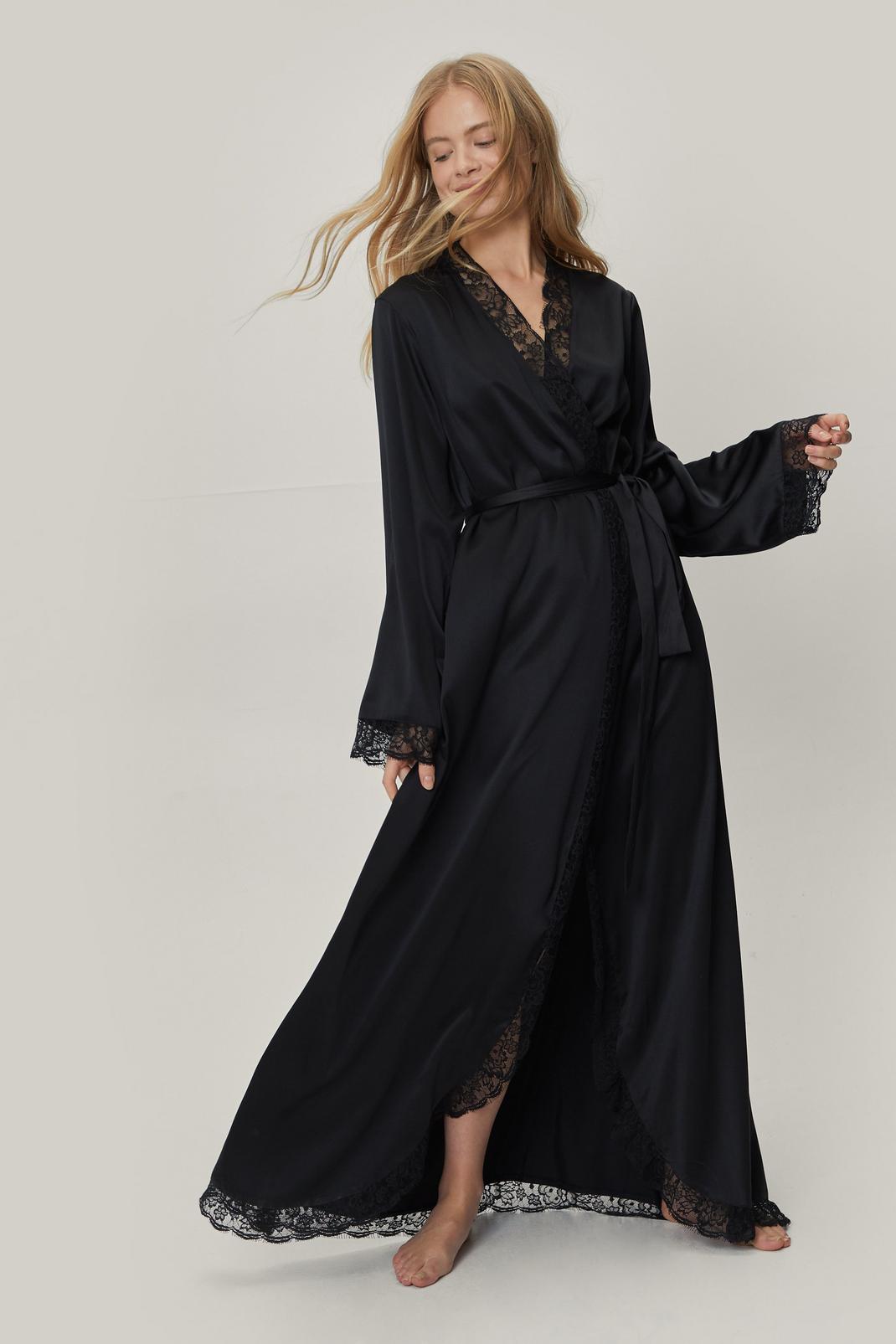 Black Recycled Satin Lace Trim Maxi Dressing Gown image number 1