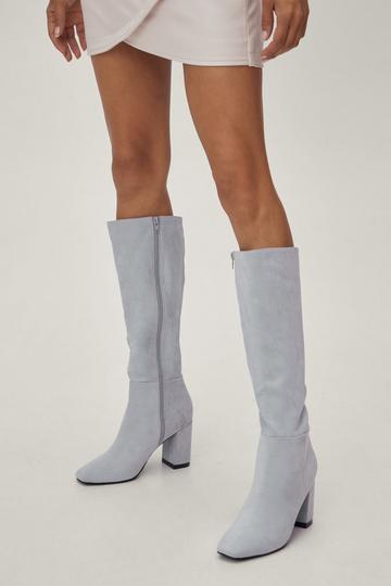 Grey Knee High Block Heel Faux Suede Boots