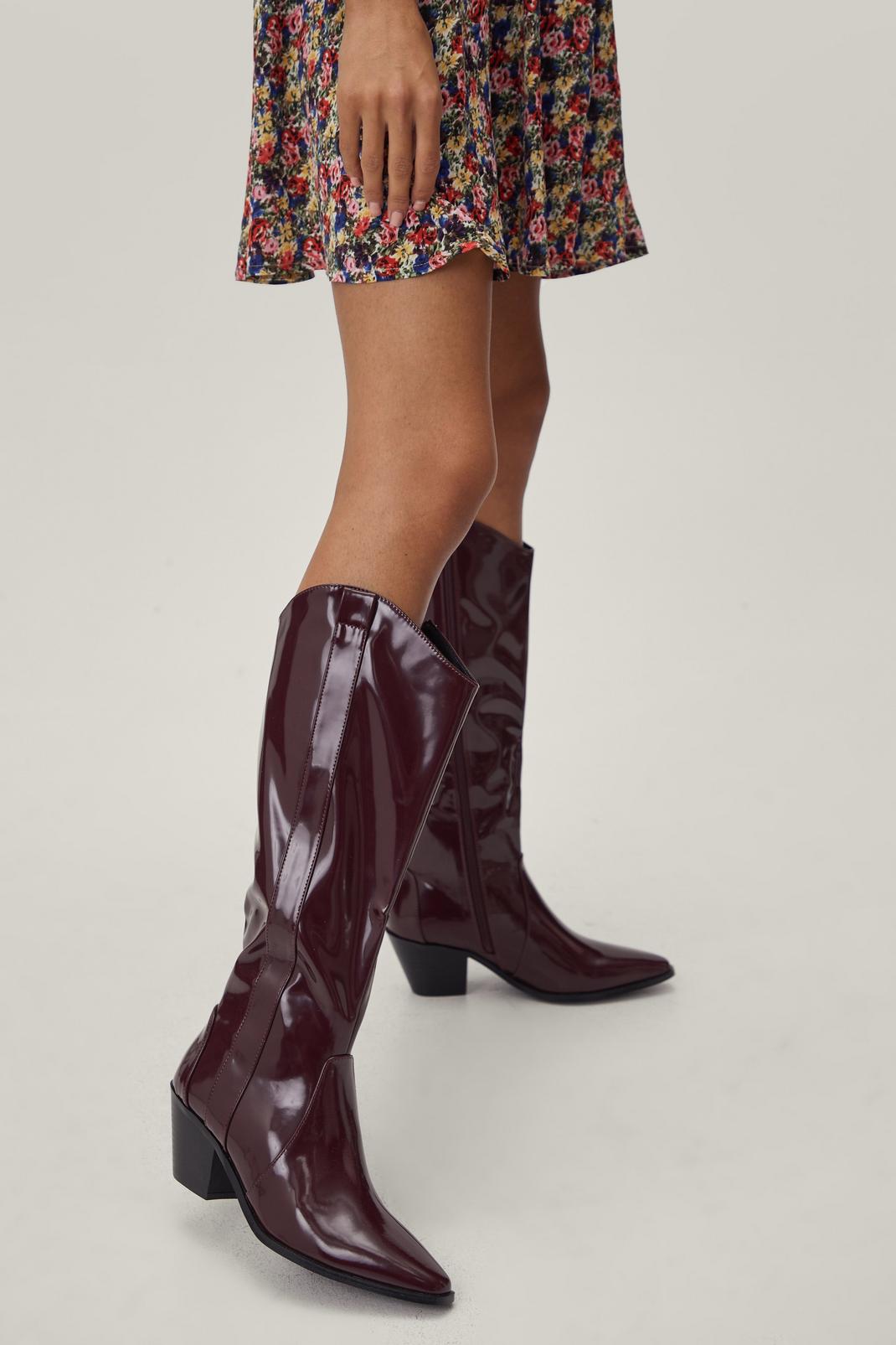 Burgundy Faux Leather Pointed Cowboy Boots image number 1