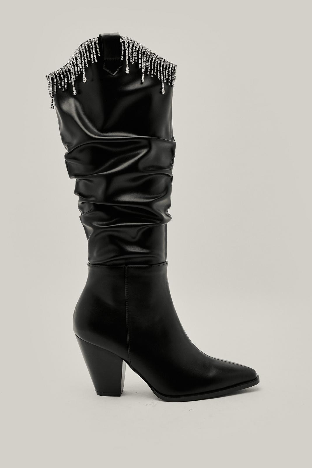 Black Faux Leather Embellished Fringe Slouchy Western Boots image number 1