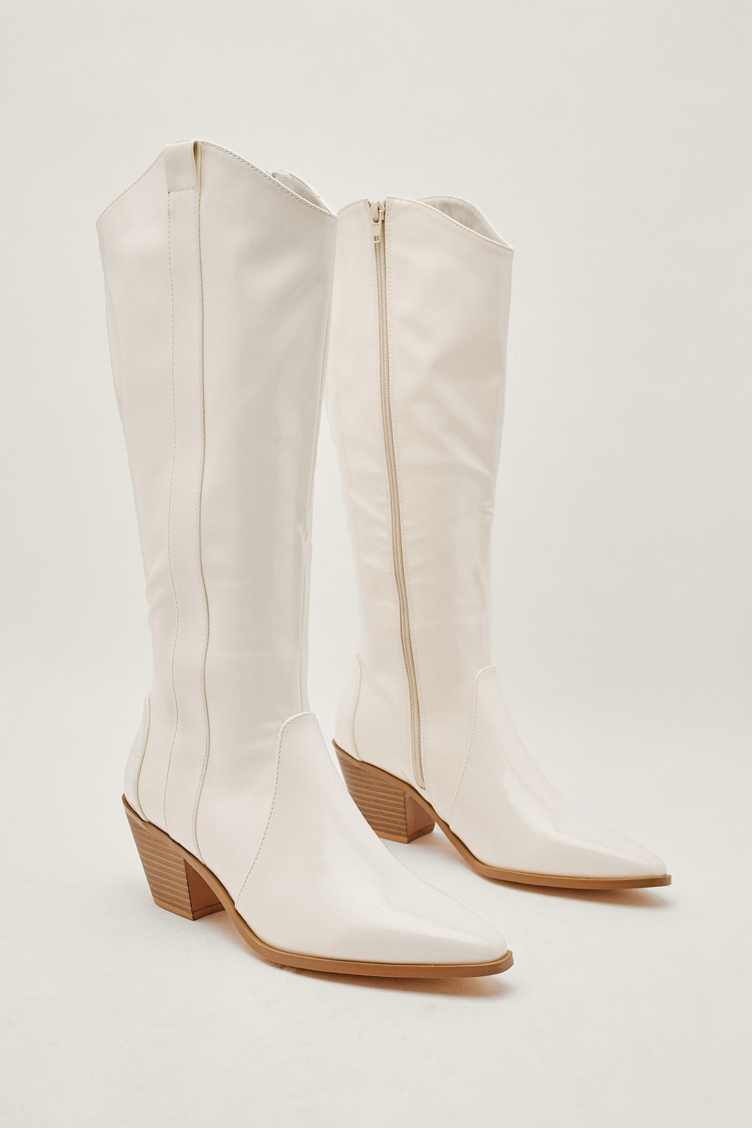 Beige Faux Leather Knee High Cowboy Boots image number 1