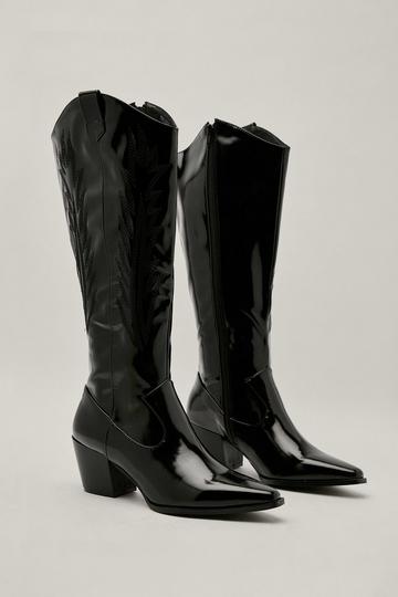 Black Faux Leather Knee High Western Boots