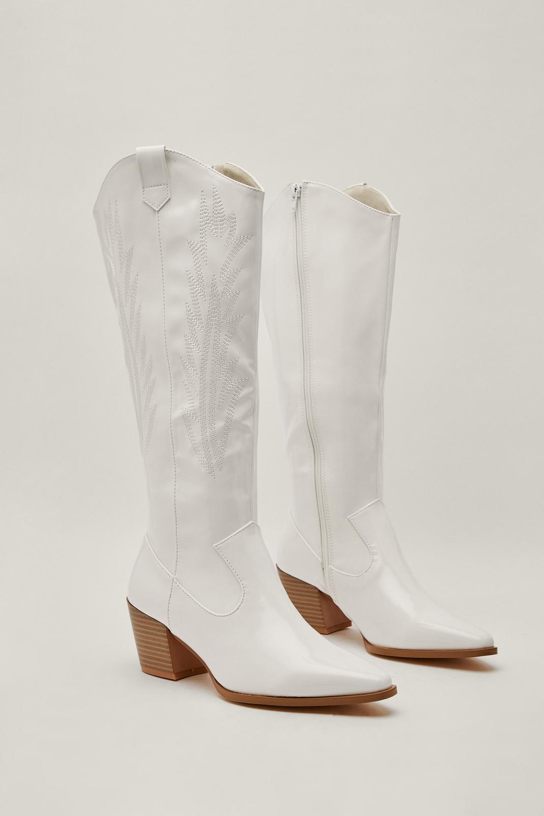 White Faux Leather Knee High Cowboy Boots image number 1