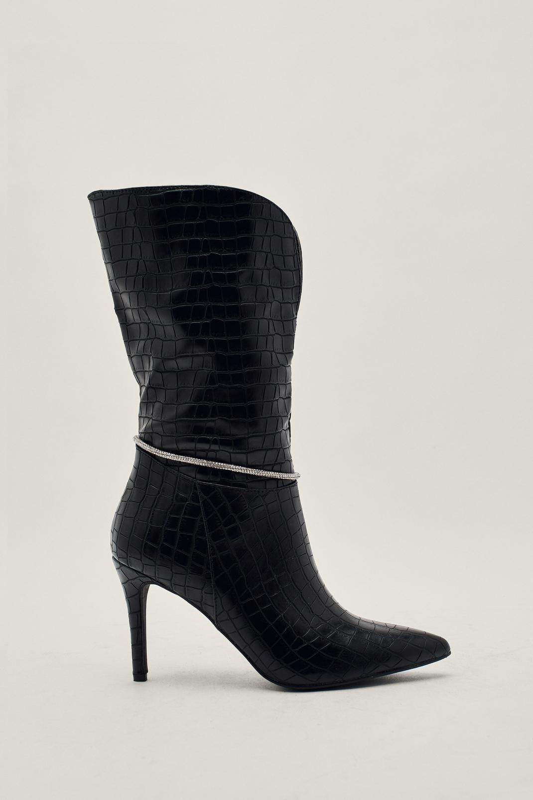 Black Faux Leather Croc Diamante Chain Boots image number 1