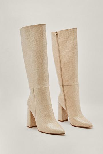 Beige Faux Leather Croc Knee High Pointed Boots