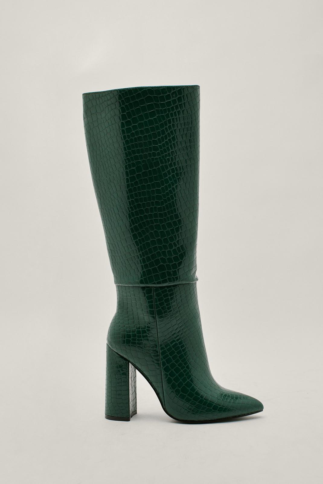 Dark green Faux Leather Croc Embossed Knee High Boots image number 1