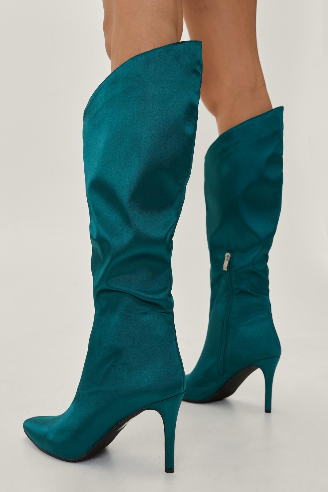 130 Satin Asymmetric Knee High Stiletto Boots image number 2