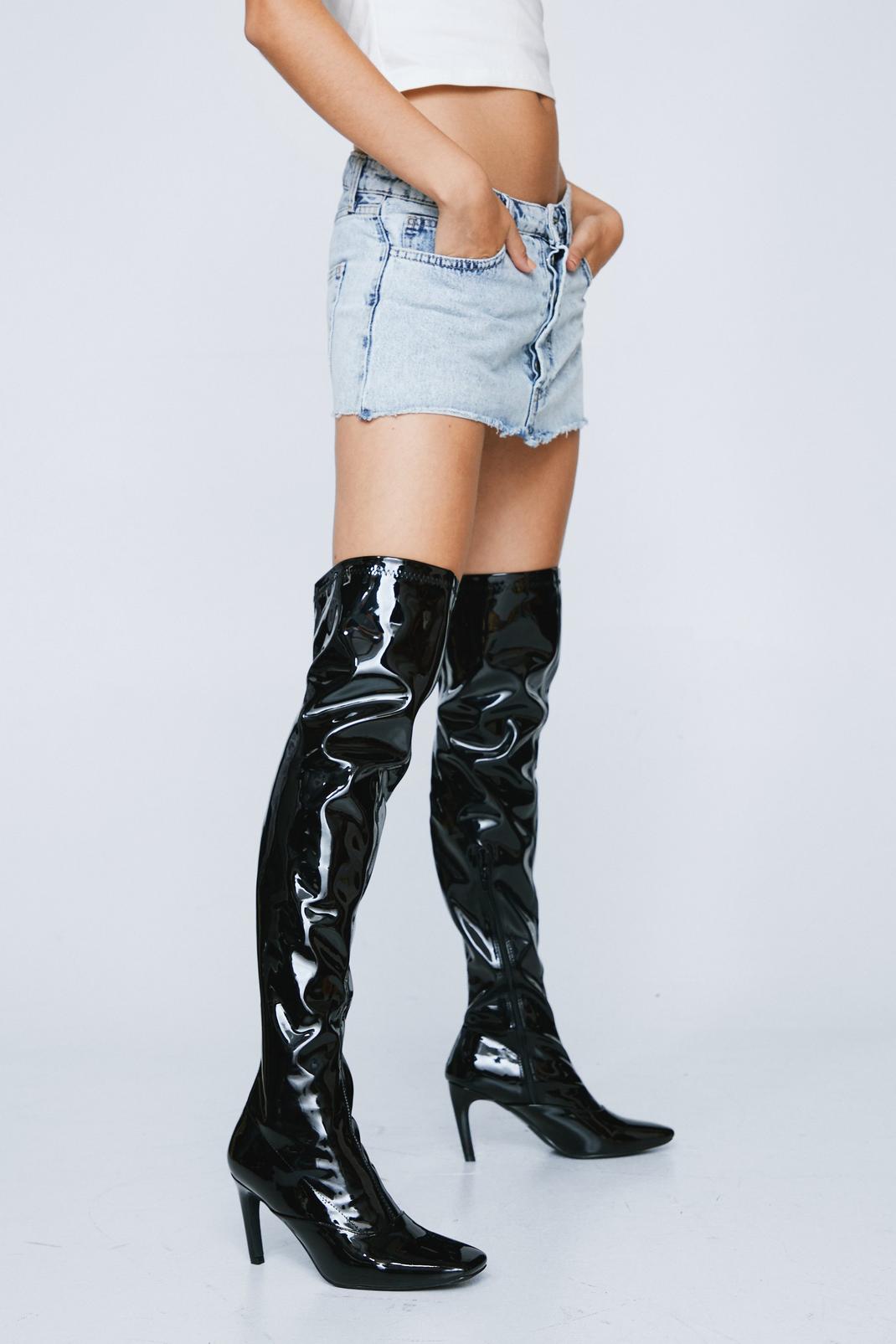 105 Patent Faux Leather Over the Knee Block Heel Boots image number 2