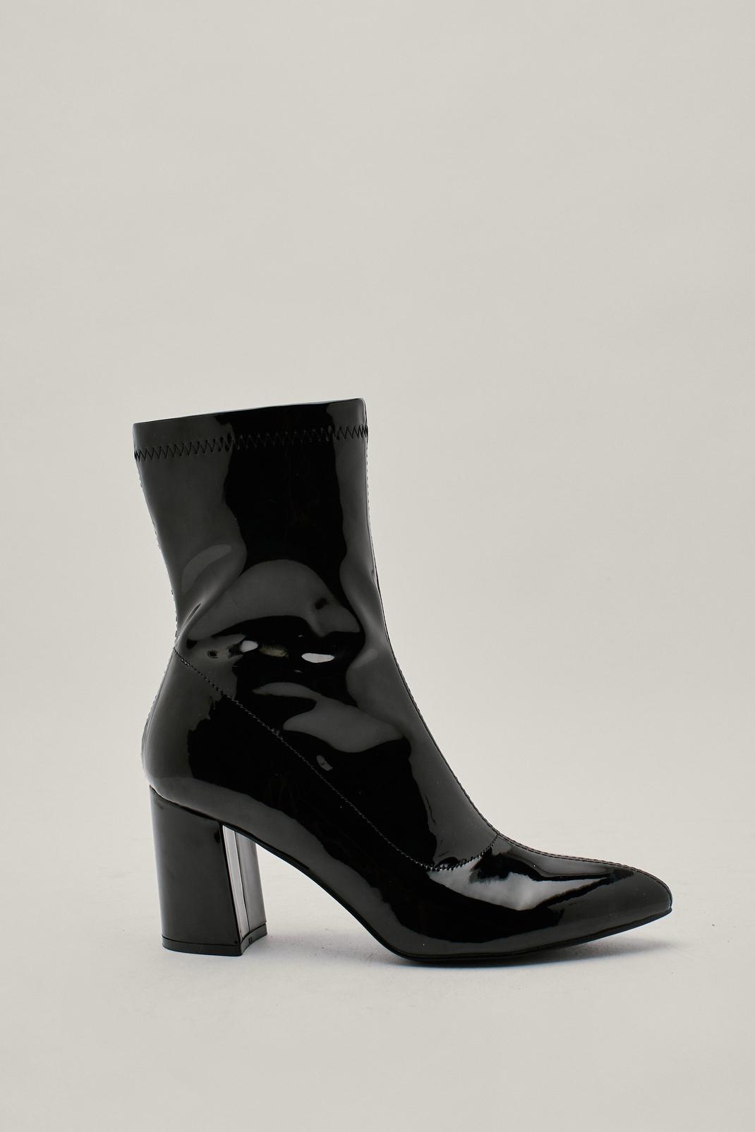 Black Faux Leather Patent Block Heel Sock Boots image number 1