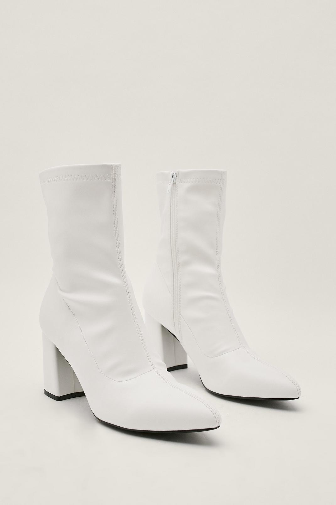 White Faux Leather Block Heel Sock Boots image number 1