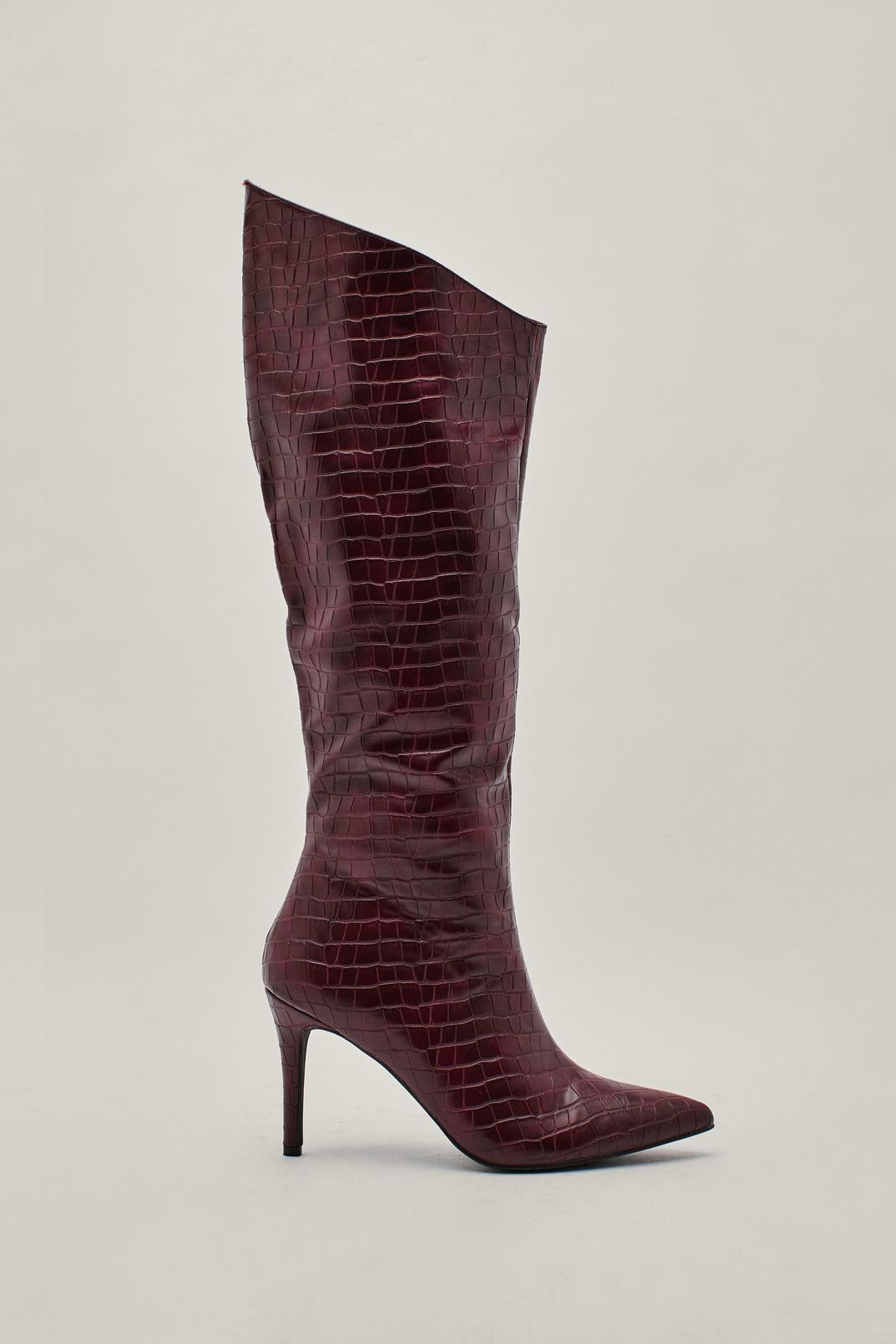 Burgundy Faux Leather Croc Sloping Knee High Boots image number 1