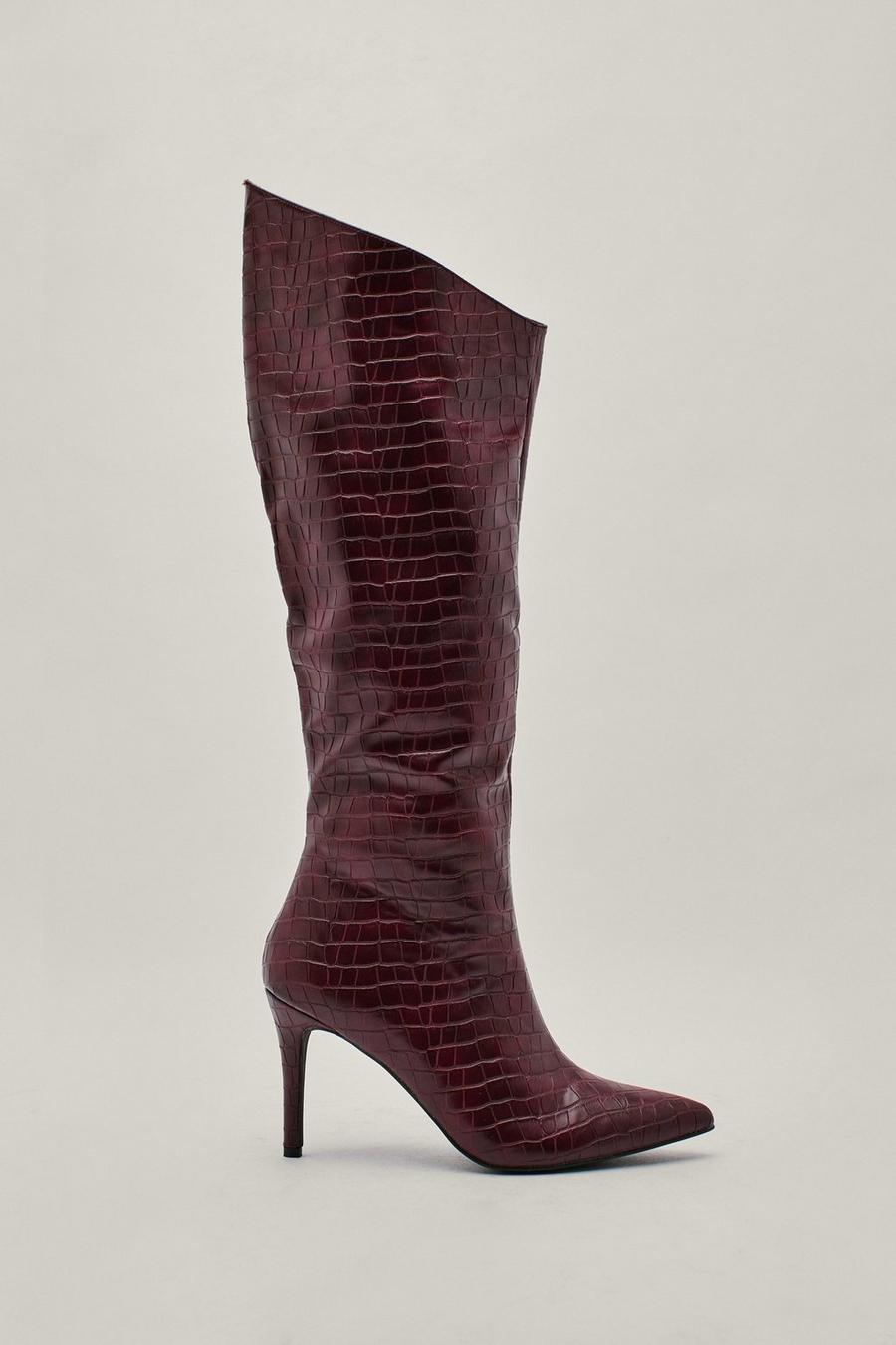 Faux Leather Croc Sloping Knee High Boots