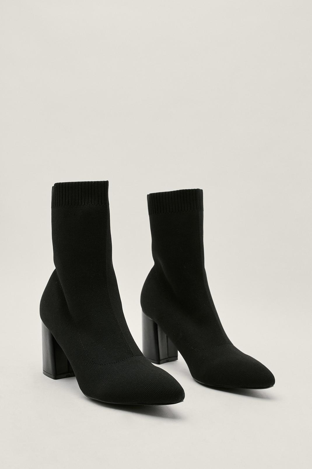 Black Knitted High Ankle Block Heel Sock Boots image number 1
