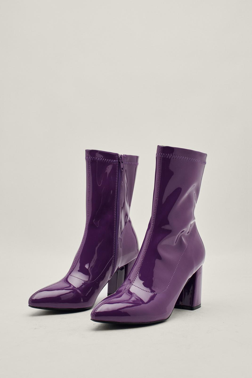 Purple Patent Faux Leather Block Heel Sock Boots image number 1